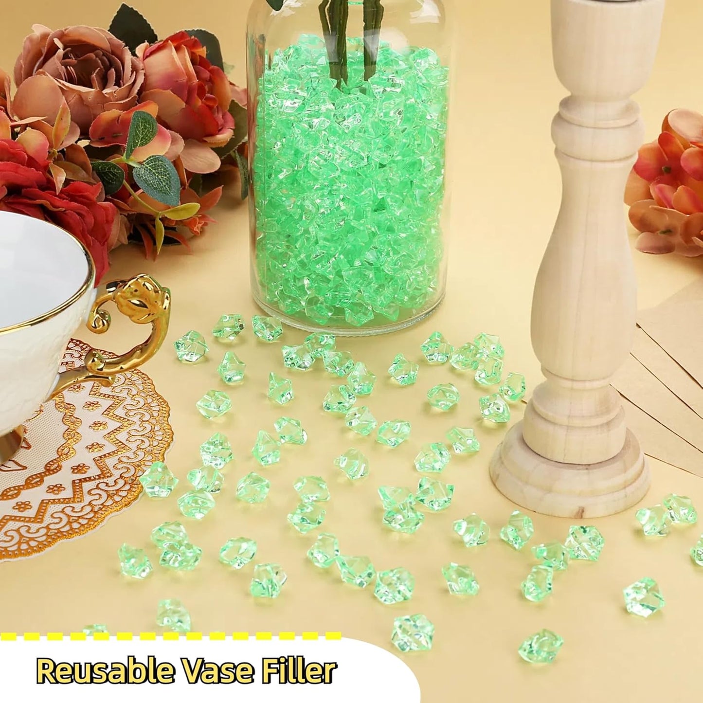 YATOJUZI 500pcs Fake Ice Cubes Green Acrylic Crushed Rocks Vase Fillers Plastic Diamonds Gems for DIY Party Wedding Centerpiece Table Scatter Prop Display 0.5" (Only Green)
