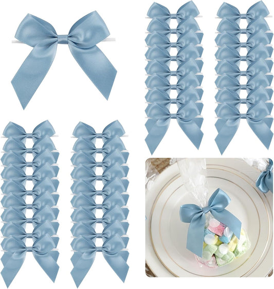 3.5" Dusty Blue Bow Satin Pre-Tied Bows for Gift Wrapping, Small Bows for Crafts, Premade Bows, Candy Apple Bows, Twist Tie Bows for Cake Decorating, Party Favor, Wedding Decoration-36 Counts