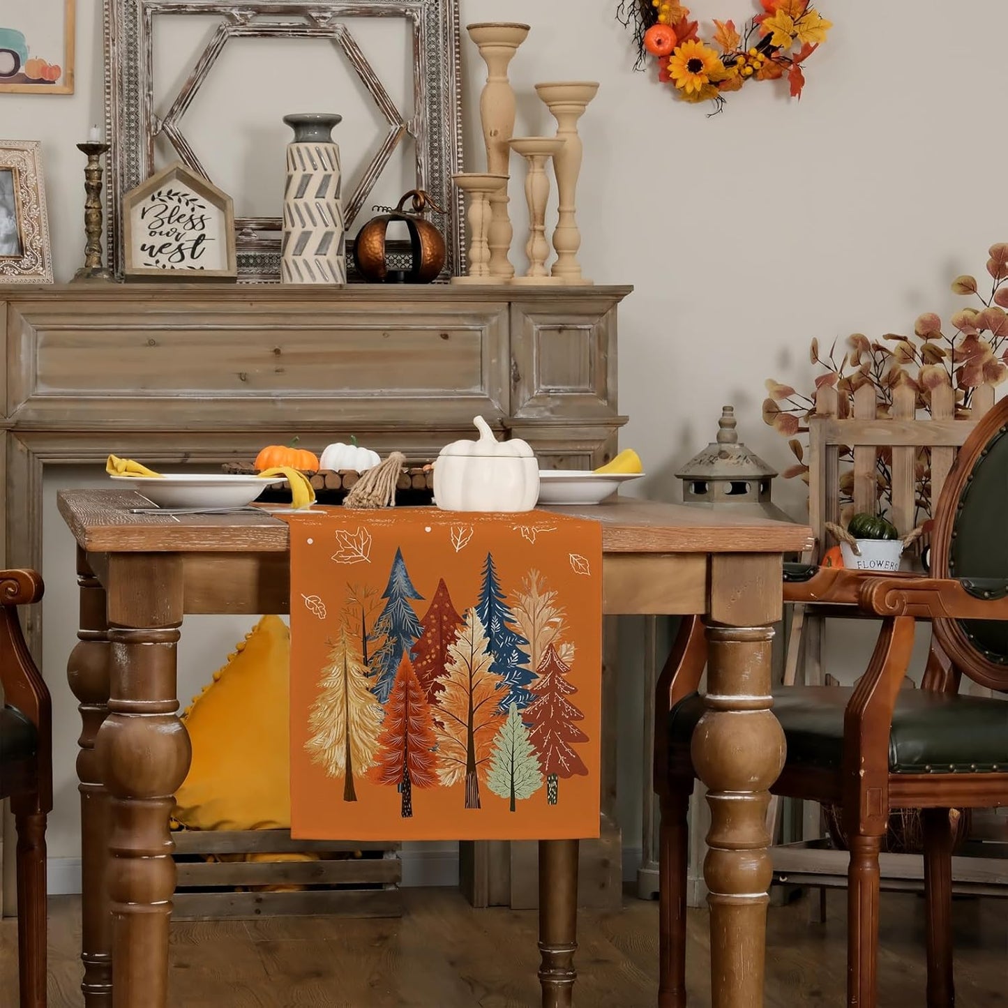 GEEORY Fall Watercolor Tree & Maple Leaves Table Runner 13x36 Inch, Rustic Farmhouse Autumn Thanksgiving Decor for Kitchen, Dining, Indoor/Outdoor Holiday Dinner Party Orange GT158-36