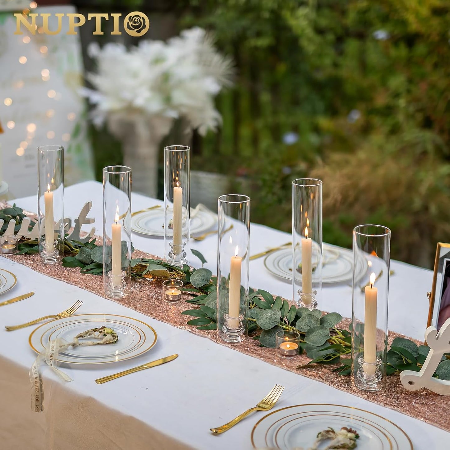 NUPTIO Candlestick Holder Bulk for Centerpiece: Set of 10 Hurricane Glass Taper Candles Holder - Clear Candle Stick Stand with Tall Cylinder Shade for Fall Thanksgiving Christmas Party Decor