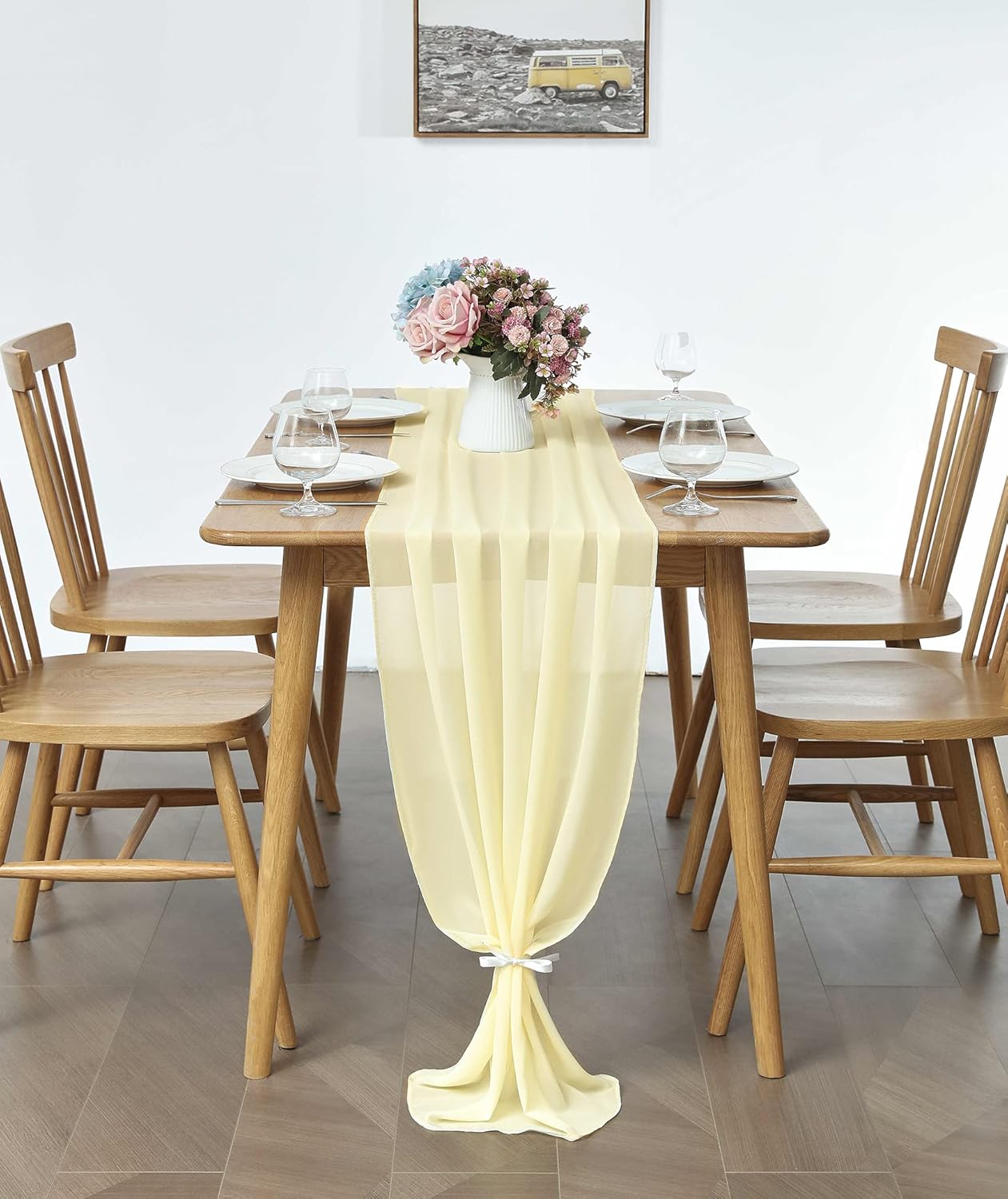 5 Pack 10Ft Light Yellow Chiffon Table Runner Sheer 29x120 Inch for Romantic Wedding Decor Bridal & Baby Shower Birthday Rustic Party Decoration