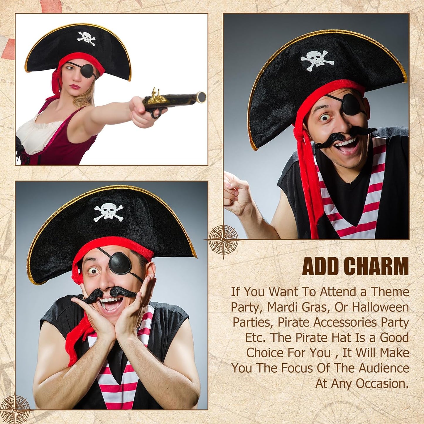 Hsei Pirate Hat Pirate Accesseries Hats for Adult Captain Caps with Skull Print for Masquerade Cosplay, Funny Party Supplies