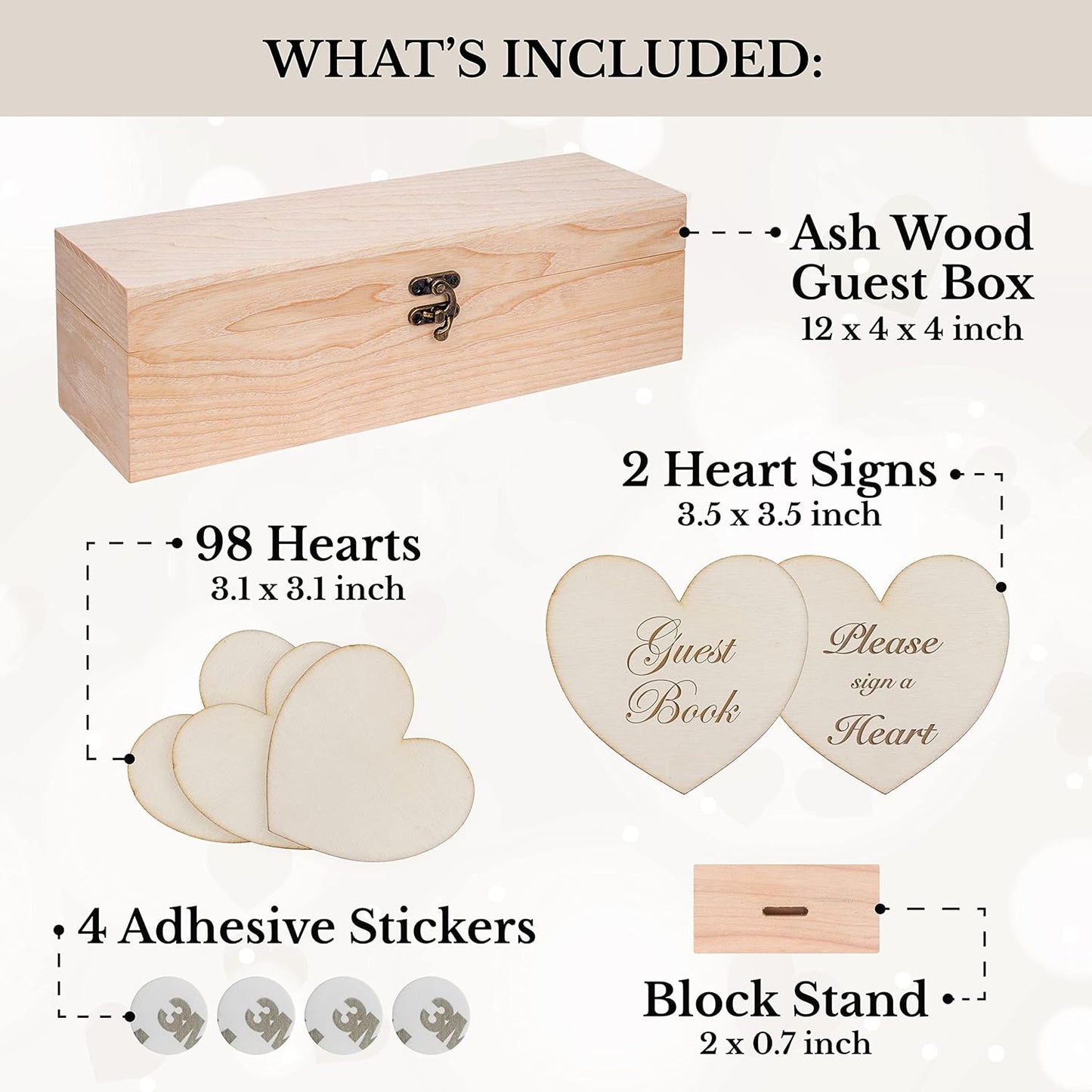 Jecor Wedding Guest Book Alternative - 98 Large Hearts - 2 Hearts Signs - Guest Book Wedding Reception, Baby & Bridal Shower, Anniversary, Birthday, Funeral - Natural