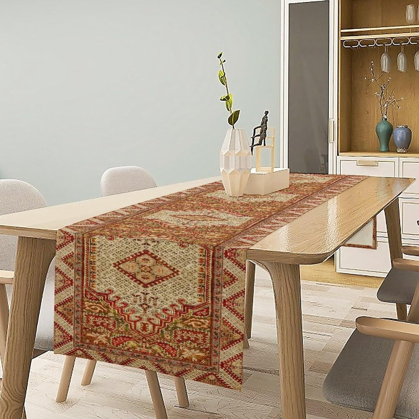 Boho Bohemia Style Orange Table Runner, Country Rustic Farmhouse Magical Abstract Print Pattern for Home Kitchen Table Decor Dining Coffee Room Garden Party Decor 13x90in