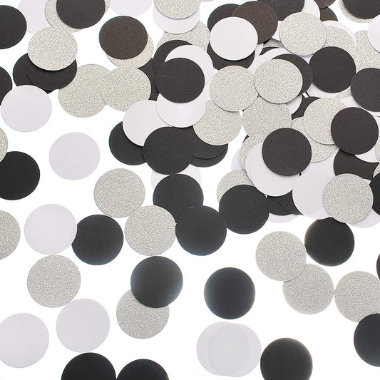 Glitter Confetti Circle Dots for Table Wedding Birthday Party Decoration, 1.2 inch in Diameter (silver glitter,black,white,200pc)