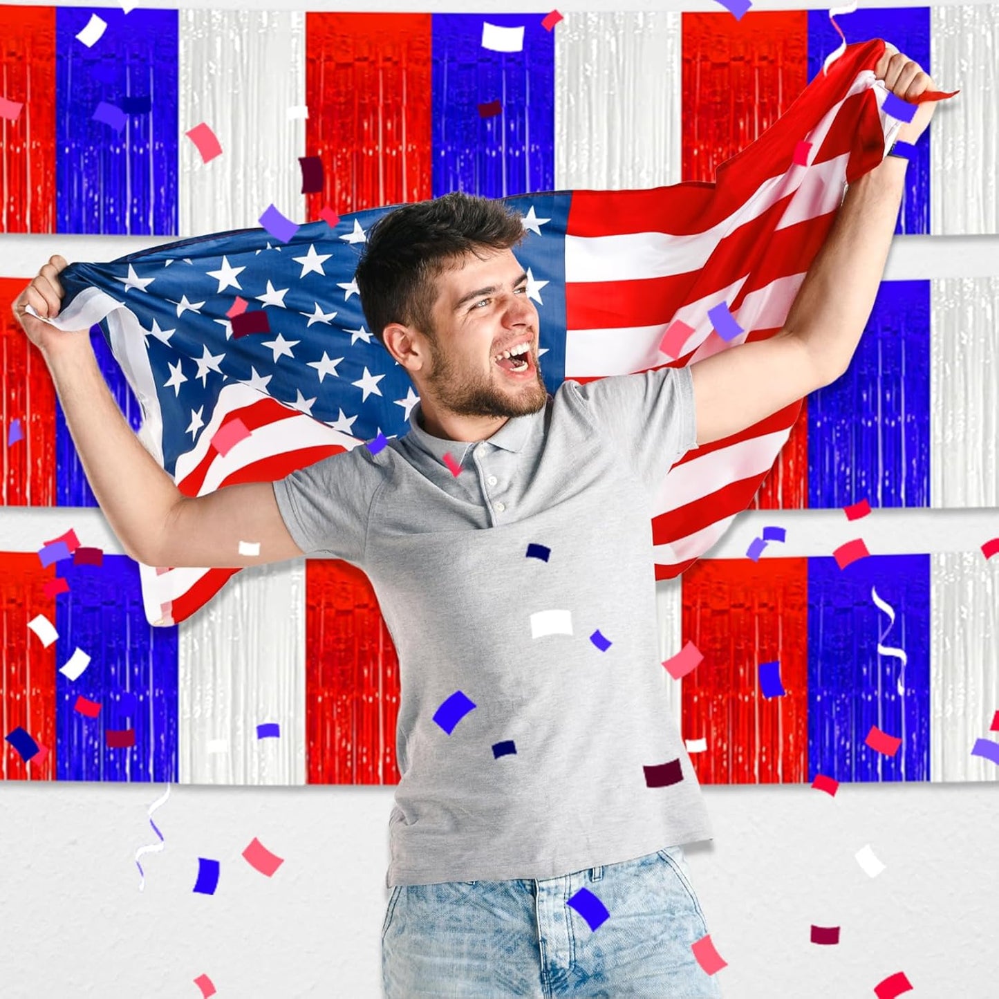 3 Pack 10 Long White Blue Red Metallic Foil Fringe Garland Wall Hanging Tassle Banner, Mother's Day, Easter, Parade Floats, Birthday, Theme Party, Wedding Party Decorations