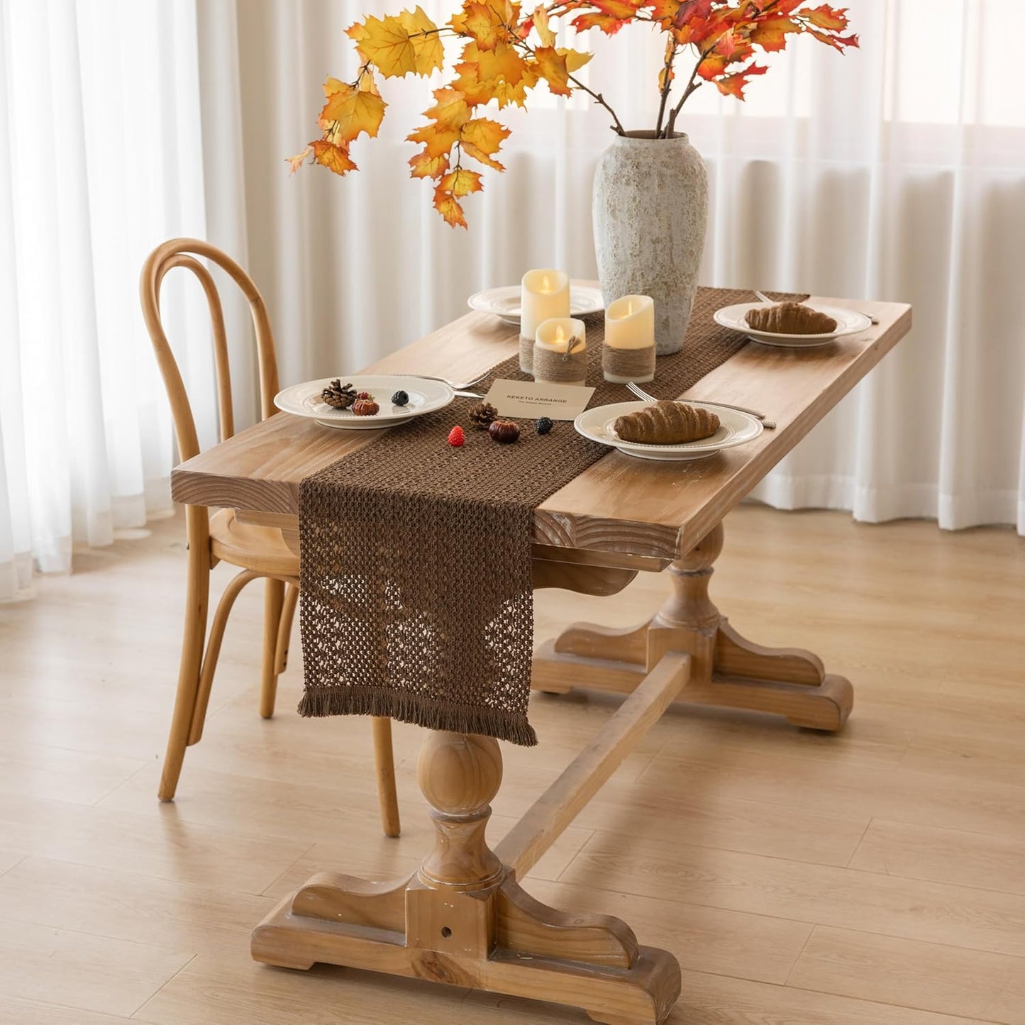 Boho Brown Table Runner for Home Decor 12x72 Inches Farmhouse Macrame Burlap Jute Rustic Dining Kitchen Centerpiece Bohemian Decor French Country Baby Bridal Shower Decorations