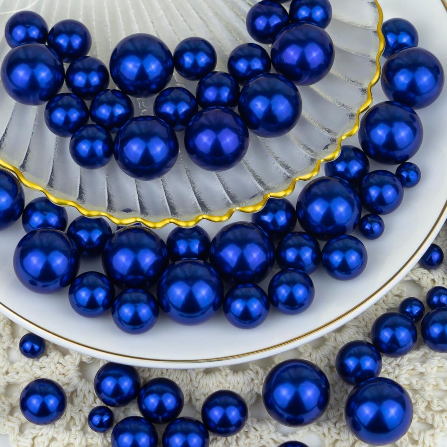 300Pcs Navy Blue Polished No Hole Faux Pearl Beads for Vase Filling Decorations, Plastic Pearls Vase Fillers, Table Scatters, Wedding Centerpiece, Home Decor, 8/14/20 mm