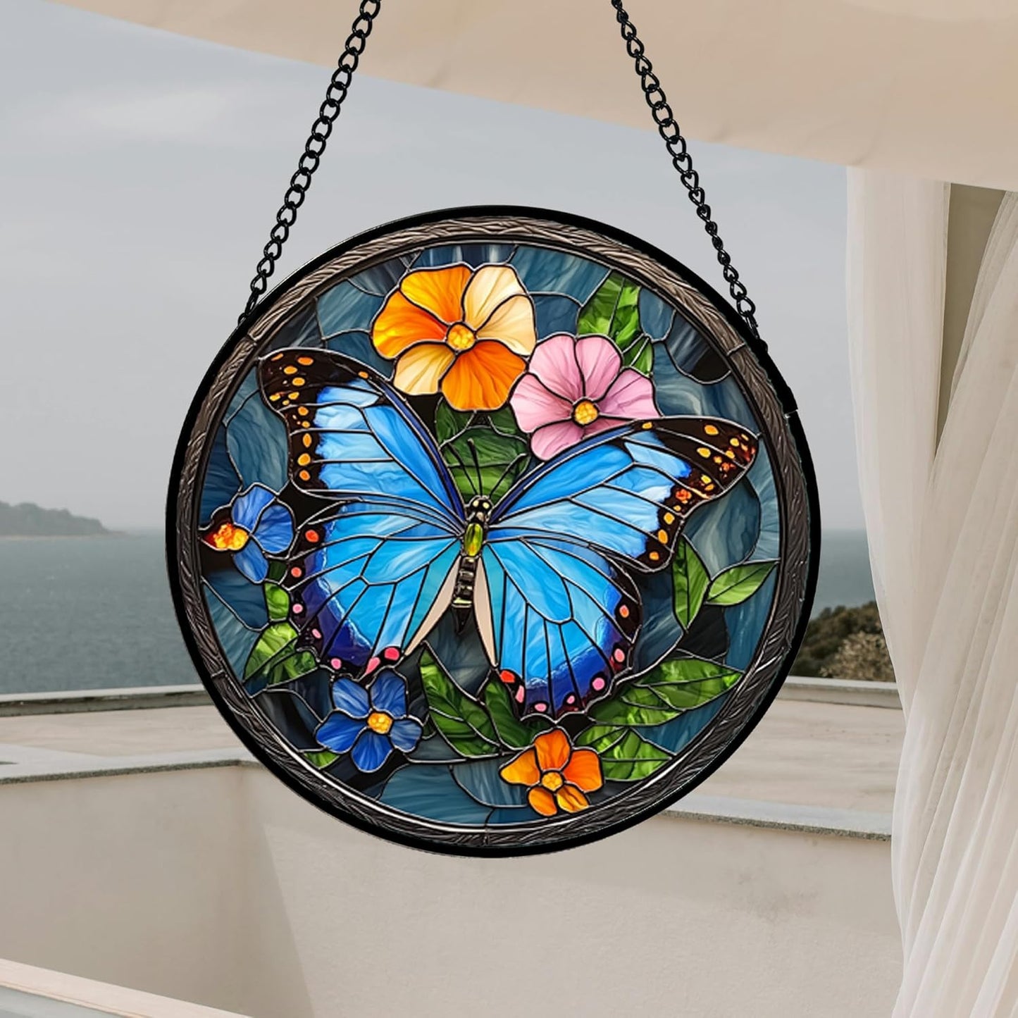 Stained Glass Window Hanging, Blue Butterfly Flower Suncatcher for Doors Home Sun Catchers Decoration and Christmas, Mother's Day Birthday Gifts for Women, Men, and Mom 11.8 in