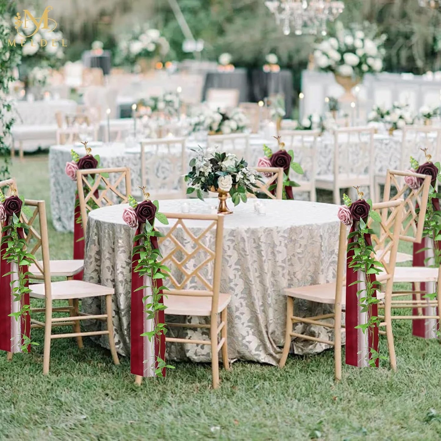 Meldel Wedding Aisle Decorations for Ceremony 10 Pcs/Set Burgundy Pink Rose Garland with Hanging Ribbons Church Chair Decorations Party Decor Arrangement Wedding Pew Decor Flower