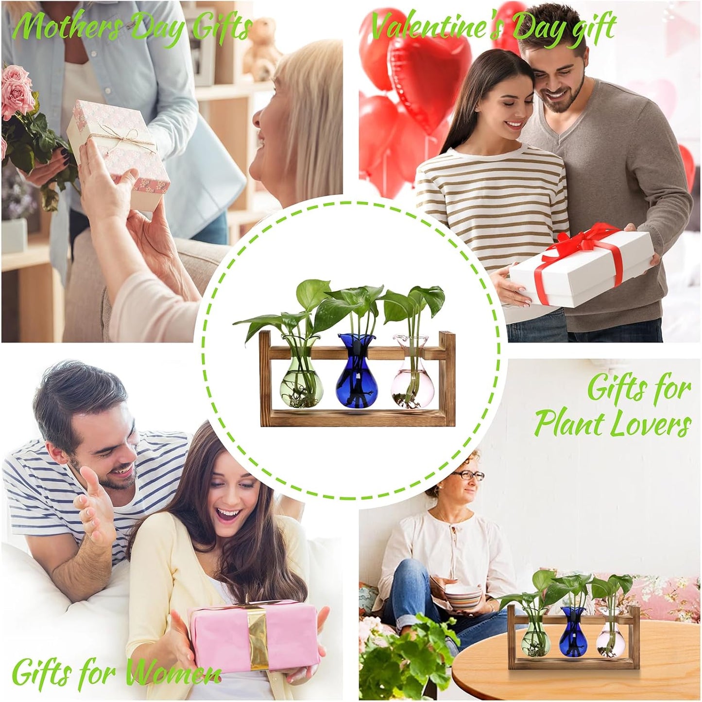 Plant Propagation Station Plant Terrarium Unique Birthday Gifts for Women Home Office Decor Planter with Wooden Stand - 3 Bulb Glass Vase