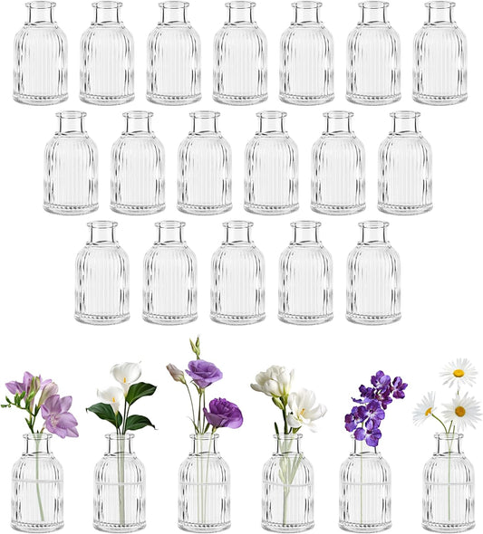 Glass Bud Vases Set of 24, Small Flower Vase in Bulk, Clear Mini Ribbed VaseS for Centerpieces, Modern Wedding Reception Table Decorations