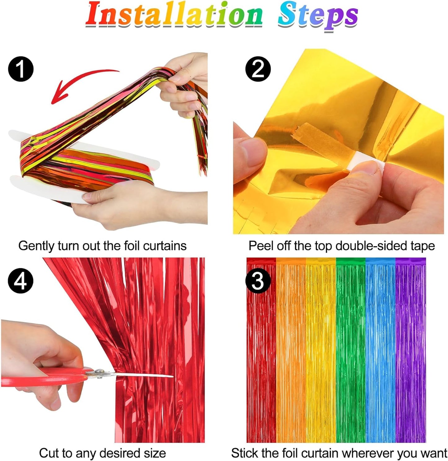 4 Pack Pride Decorations, 3.28 FT x 7.05 FT Rainbow Backdrop, Metallic LGBT Party Decor Foil Tinsel Party Streamer Backdrop Curtains, Rainbow Curtains Birthday Photo Booth Props