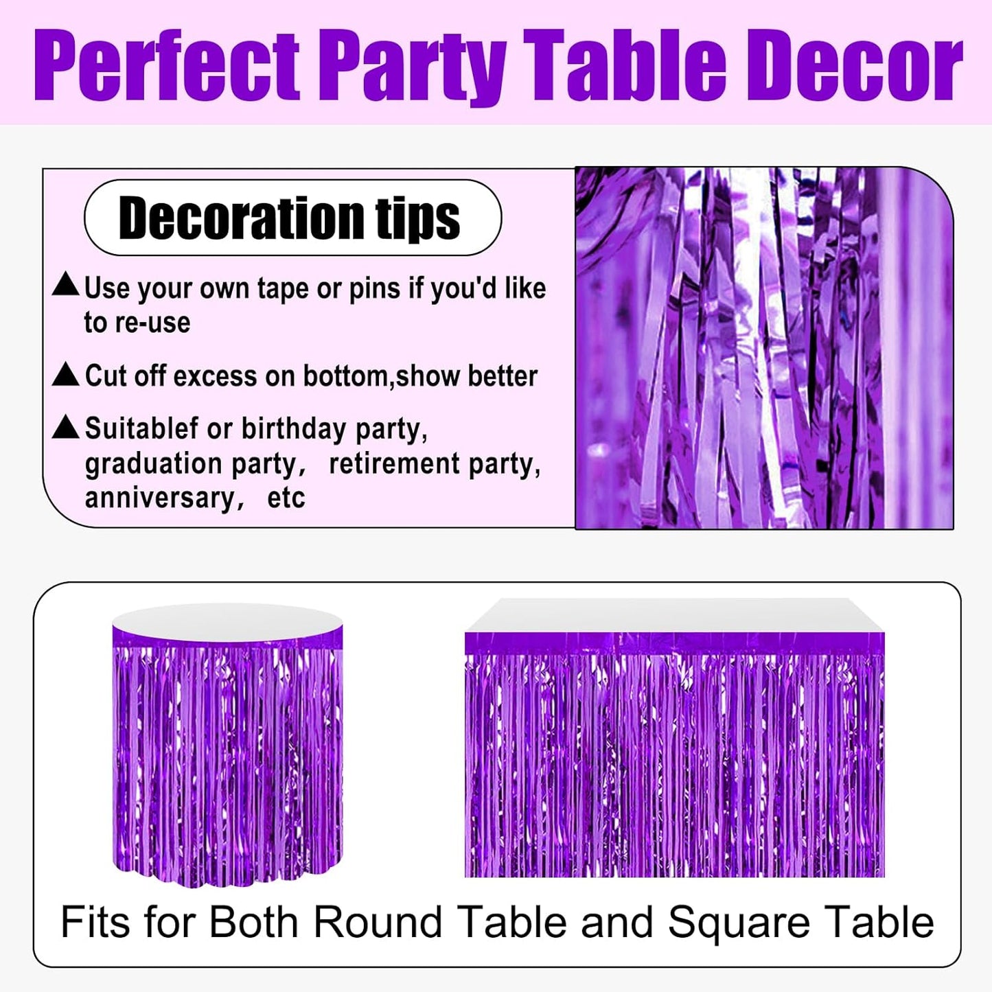 3 Pack 29x108 Inch Purple Foil Fringe Table Skirts Metallic Banner for Tinsel Streamer Garland Backdrop for Parade Floats Wedding Thanksgiving Birthday Christmas Halloween Party Decoration