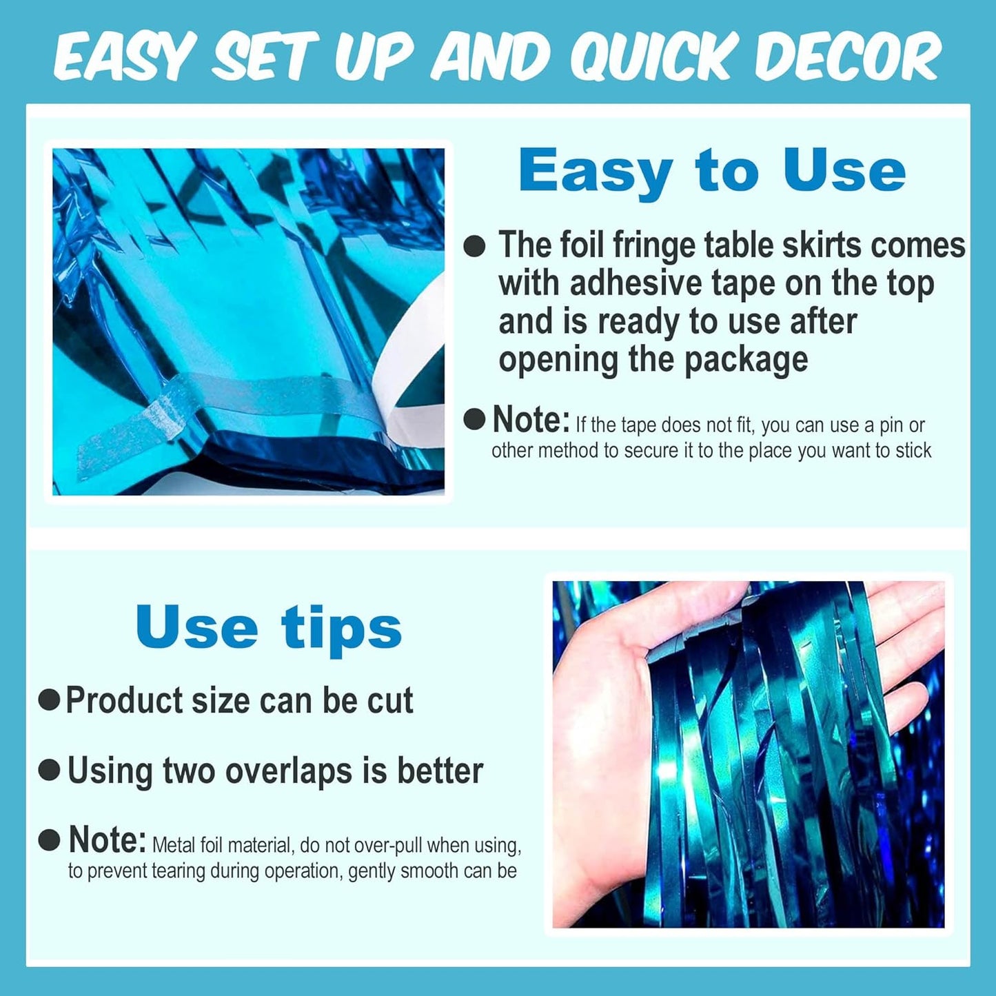 3 Pack Lake Blue Foil Fringe Table Skirts Metallic Tinsel Streamers Garland Banner Backdrop for Table Decor, Parade Float, Birthday, Wedding, Halloween, Christmas Party Decorations(29x108 In)