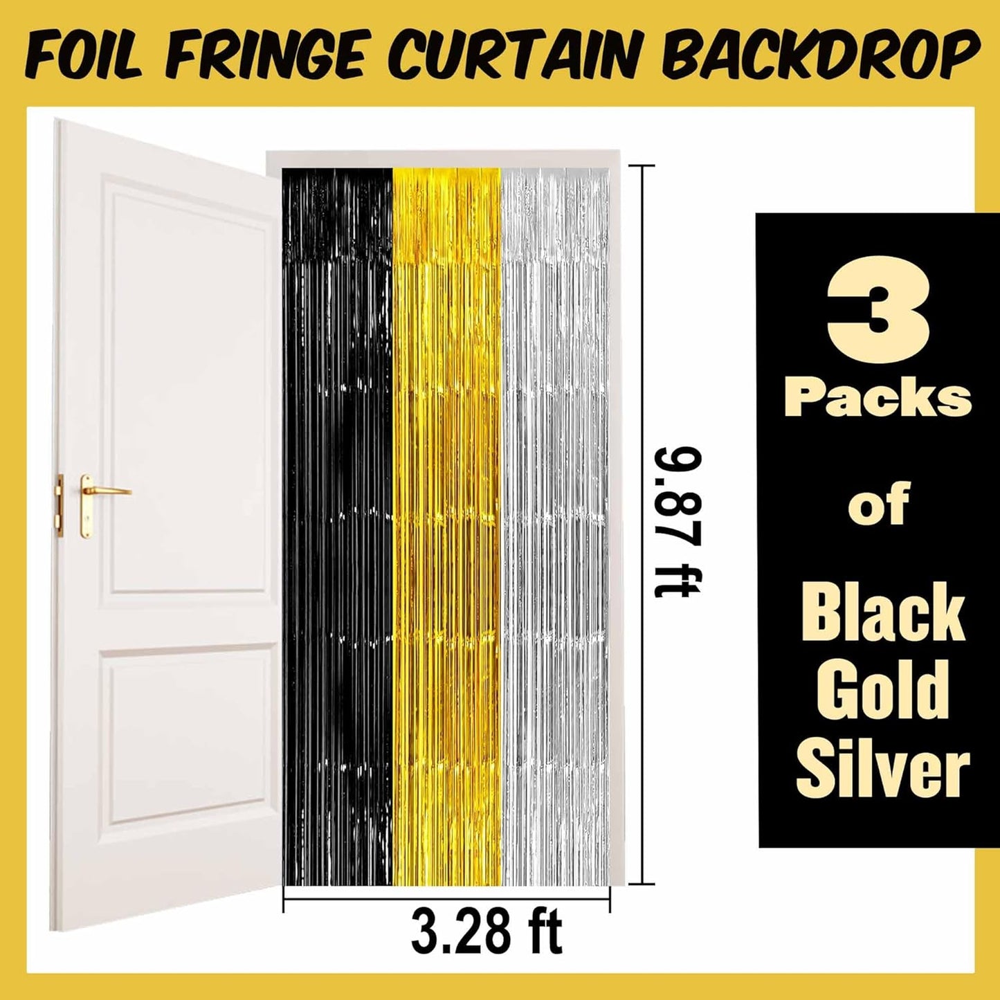 3 Pack Black Gold Silver Foil Fringe Curtains Backdrop, 3.28 x 9.8 Ft Metallic Streamers Tinsel Curtains Background for Photo Booth, Birthday, Halloween, Christmas, New Year Party Decorations