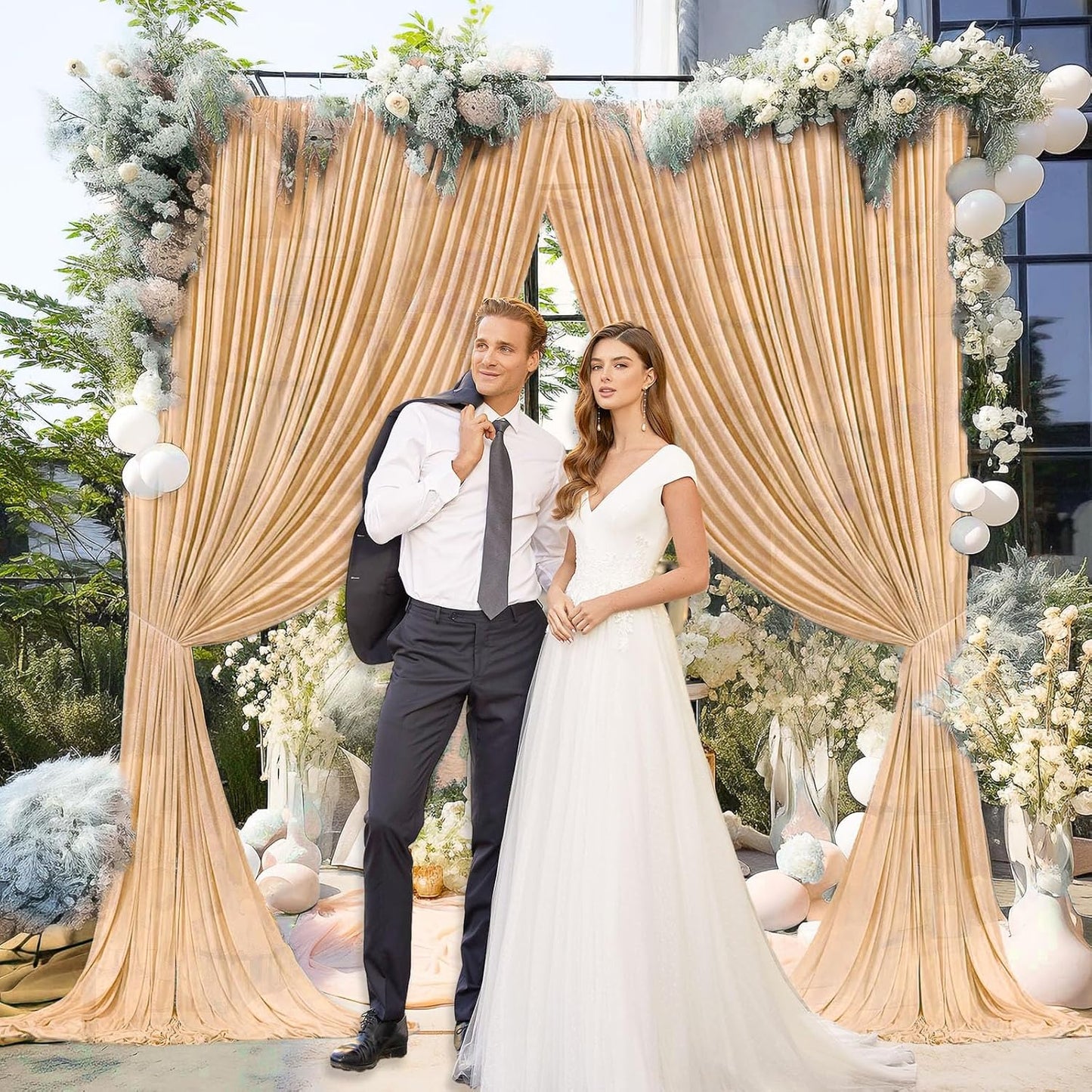 10 x 10 Feet Champagne Backdrop Curtain for Partie, Background Curtains for Photoshoot, Birthday, Wedding, Halloween, Thanksgiving, Christmas Day, New Year Party Decorations 5Ft x 10Ft, 2 Panels