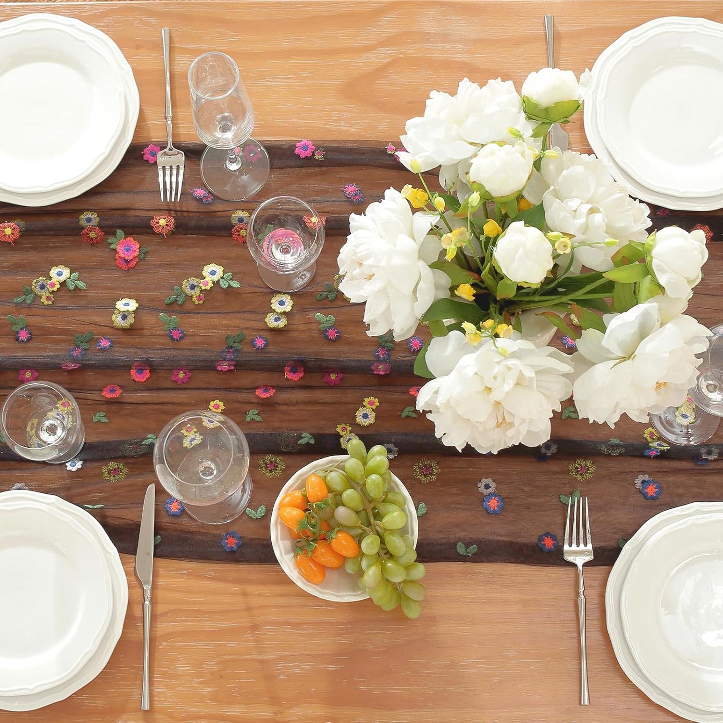 Black Embroidery Daisy Fall Table Runner 120Inch 10FT Florals Soft Sheer Tulle Fabric Table Runner for Home Decor, Brithday, Wedding, Baby Shower ,Holiday ,Parties, DIY Craft,1PC