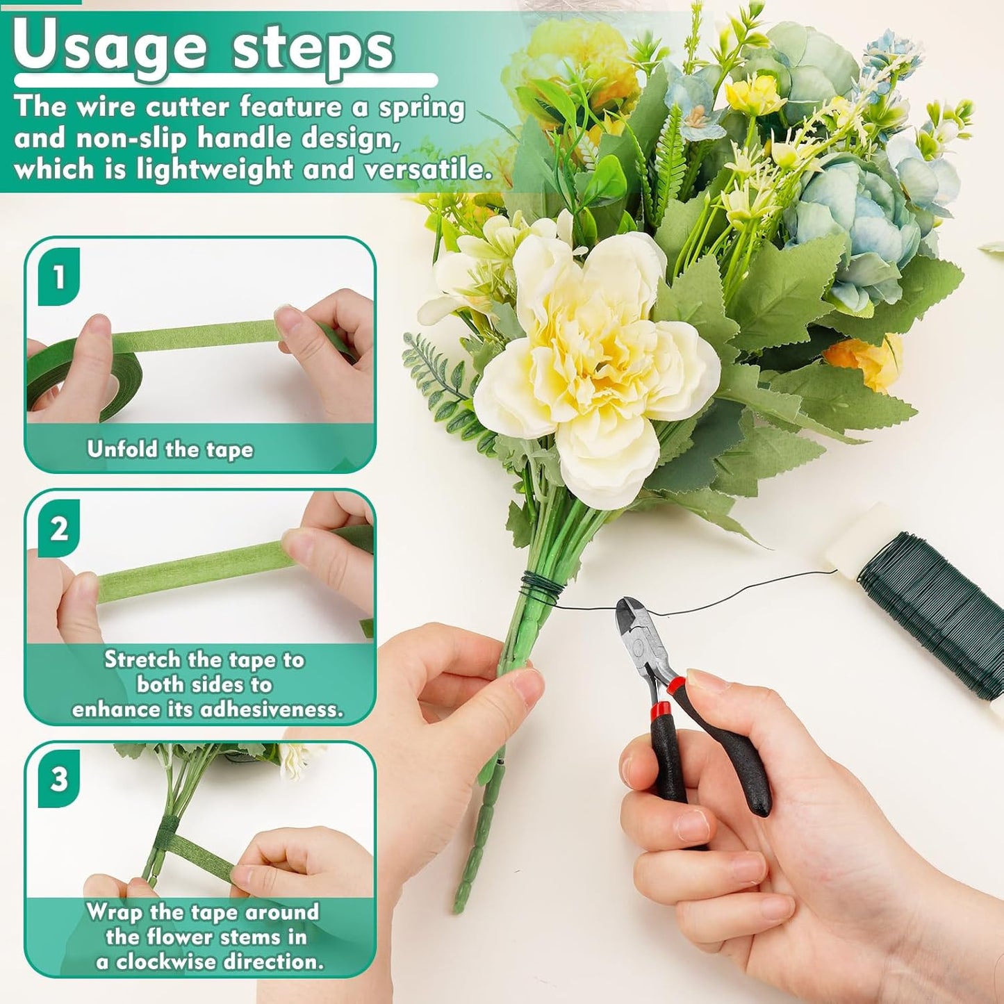 Floral Tape and Wire, Green Floral Tape, Arrangement Tools Kit with Wire Cutter, 22 Guage Paddle Wire 26 Gauge Flower Wire Set, Boutonniere Pin for Bouquets, Crafts, Wrap Florist