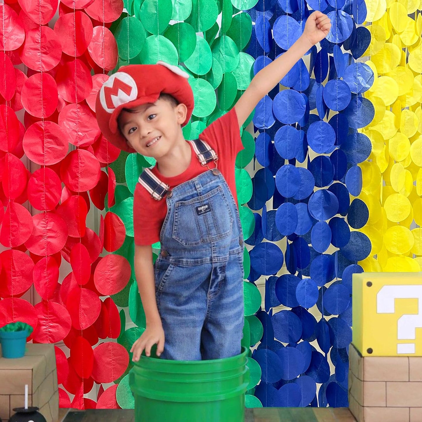 205Ft Super Mario Party Decorations Red Green Blue Yellow Big Polka Dot Tissue Paper Backdrop Streamer Circle Dot Hanging Garland for Birthday Baby Shower Carnival Circus Clown Fiesta Colorful Party