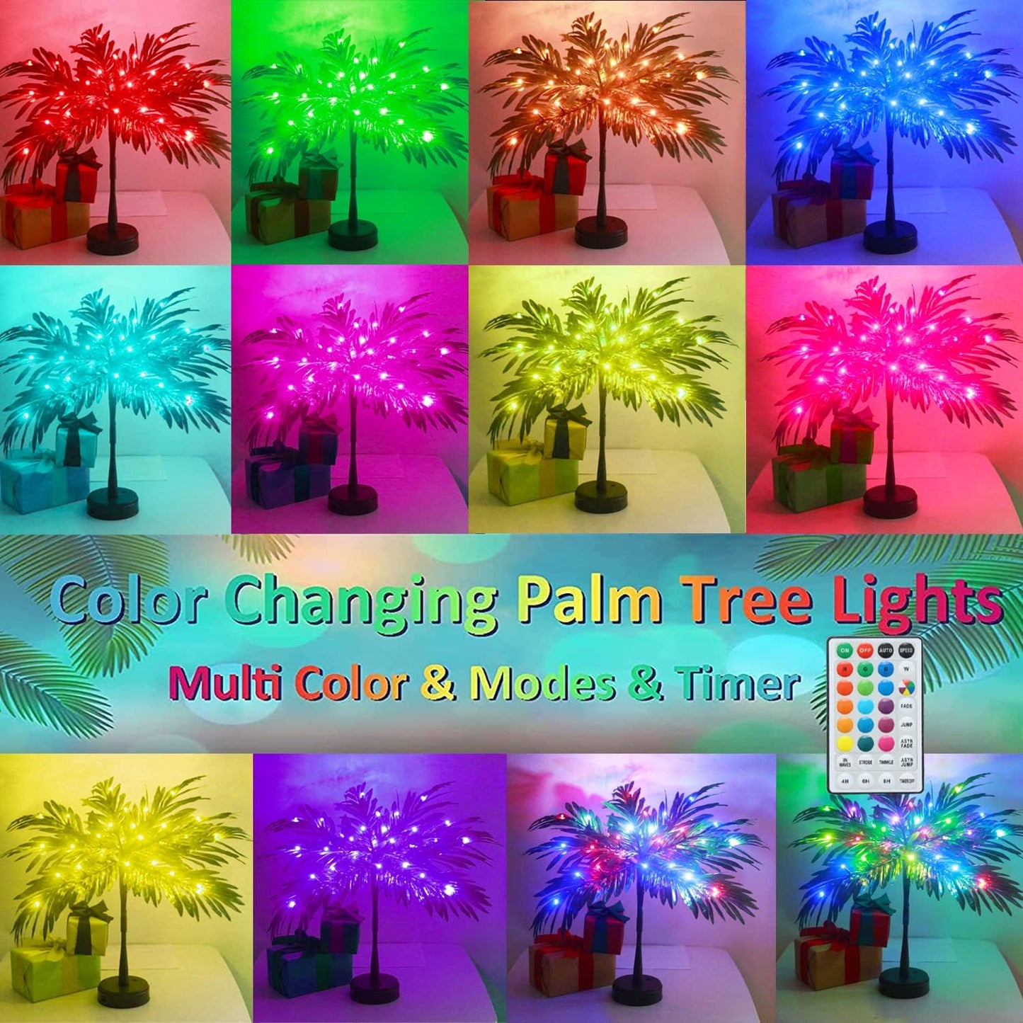 23In Color Changing Light Up Palm Tree - Battery/USB Powered Artificial LED Lights for Tropical Party Decorations, Luau Summer Hawaiian Home Table Top Decor