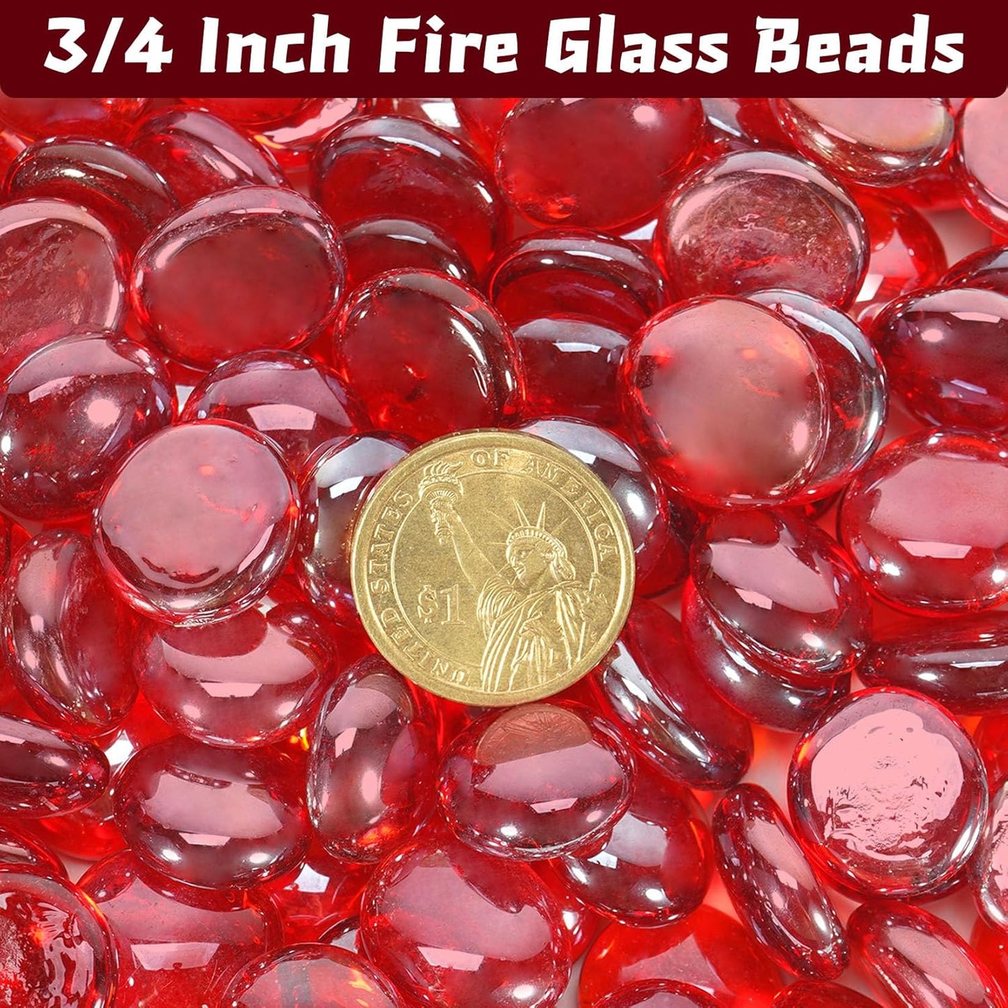 Fire Pit Glass Beads, Red Luster Reflective Tempered Glass Rocks for Natural, Propane or Gas Fireplace, Fire Pit Table, Marbles for Vase, Landscaping, Home Decor, 10lb