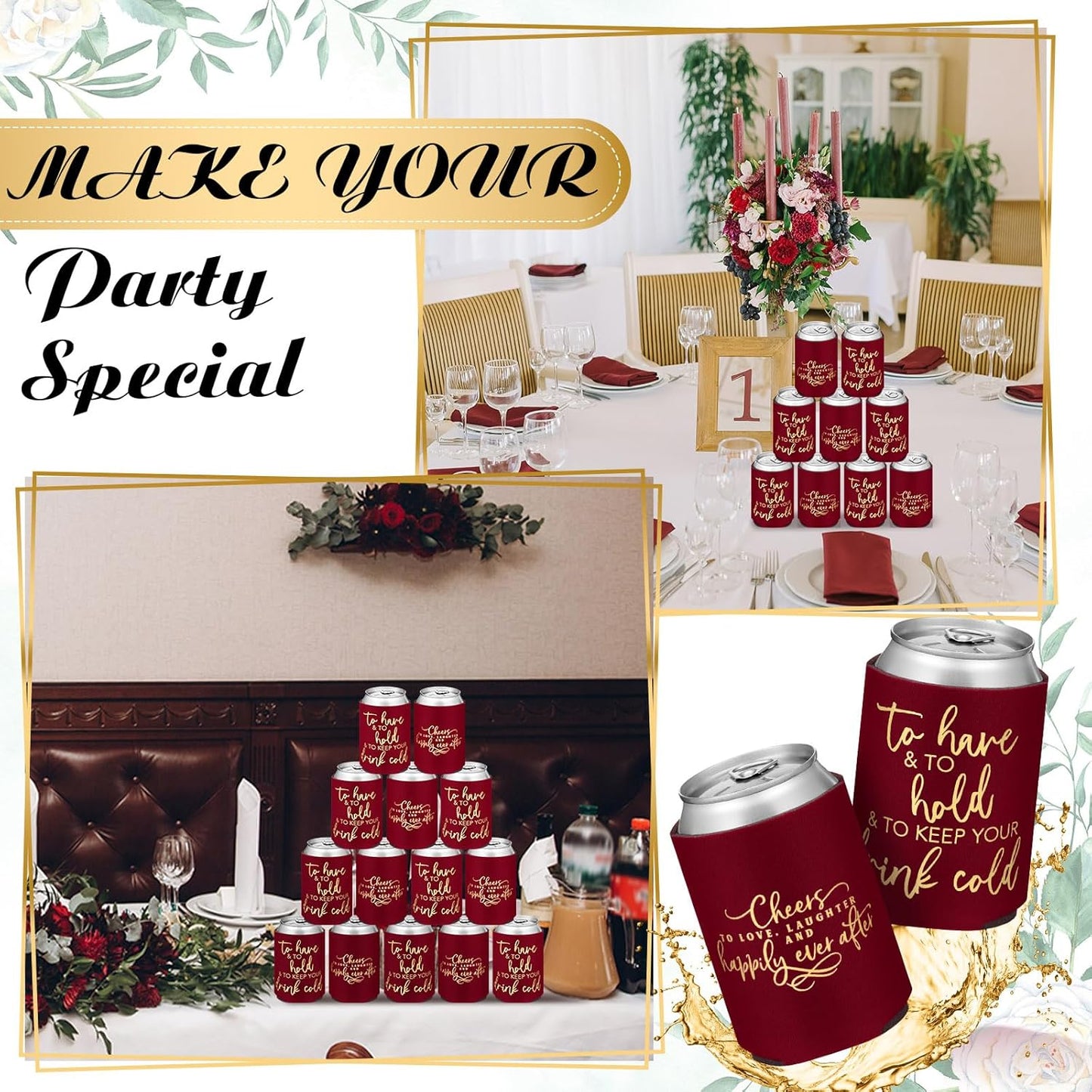 50 Pieces Burgundy Wedding Can Cooler Sleeves Bulk Engagement Party Favors for Guests Cheers to Love Laughter and Happily Ever After Rehearsal Dinner Decorations for Wedding Bridal Parties