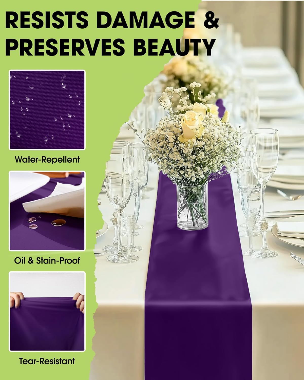 Pureegg Purple Plastic Table Runners - 10 Pack, 14'' x 108'', Water Resistant & Disposable Centerpiece Decorations for Table Cloth, Wedding, Birthday, Holiday, Baby Shower, Party, Home Decor