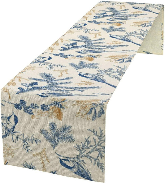 Floral Table Runner,Sketch Birds and Flowers Summer Table Runner Kitchen Dining Table Decoration for Home Party Decor 13x36 Inch