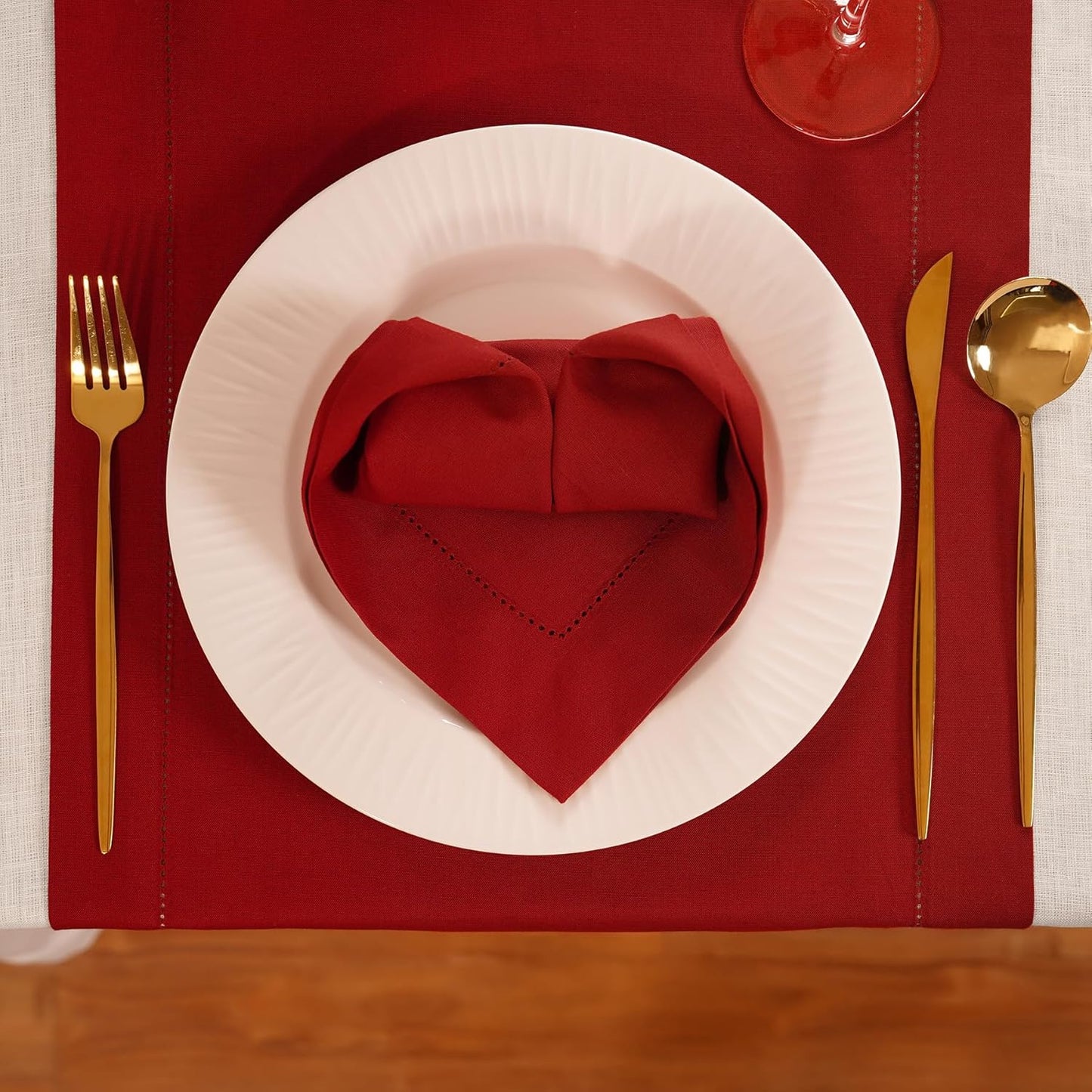 Cotton Linen Dinner Napkins Set of 4 – Hemstitch Red Cloth Dinner Napkins 20x20 Inch – Washable Fabric for Dining, Fall, Halloween, Spring, Summer, Wedding, Everyday Décor – Serena