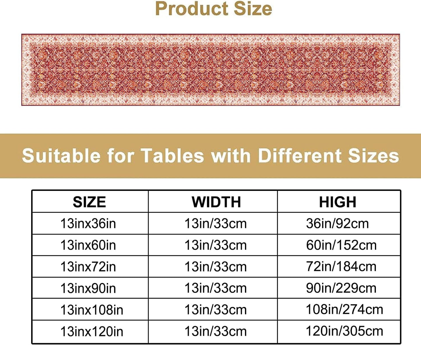 Boho Floral Vintage Table Runner, Retro Red Flower Rustic Country Farmhouse Abstract Pattern for Home Kitchen Table Decor Dining Coffee Room Party Decor 13x90in