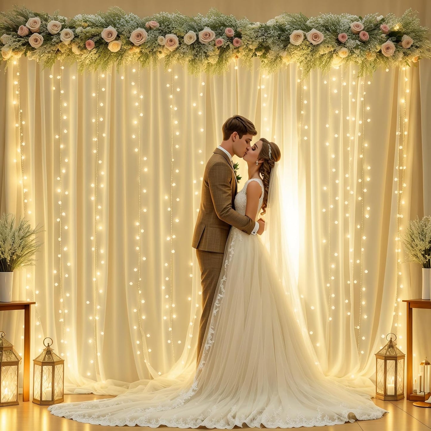 10ft x 8ft Champagne Sheer Tulle Backdrop Curtains with Lights String Wedding Backdrop for Reception Ceremony Birthday Party Baby Shower Photo Booth Background Decoration