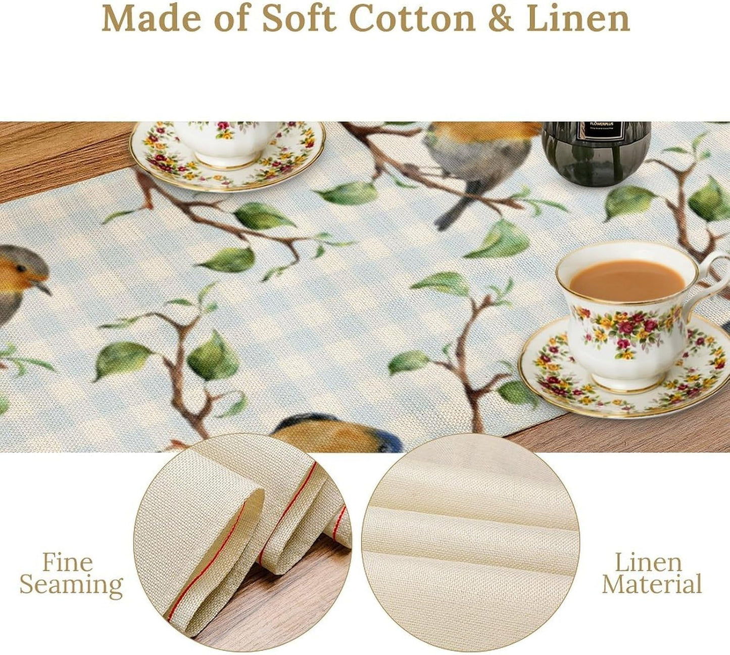 Bird Table Runner,Spring Birds Tree Blue Plaid Print Table Runner for Kitchen Dining Table Decoration Home Party Decor 13x120 Inch