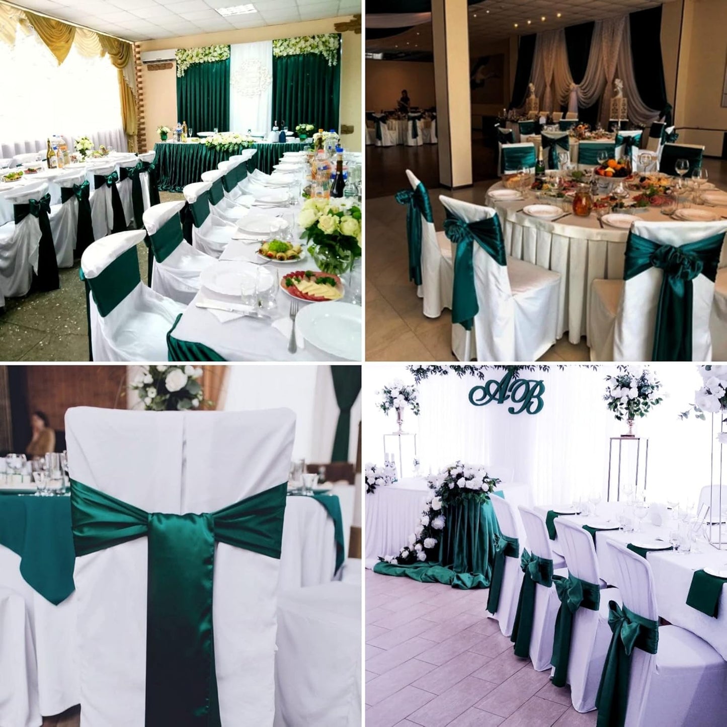 100 PCS Satin Chair Sashes Decorative Bows Universal Satin Chair Sashes Ties Ribbon Bow Chairs Cover Band for Wedding Birthday Party Ceremony Reception Banquet Restaurant Decor(7x108inch,Forest Green)