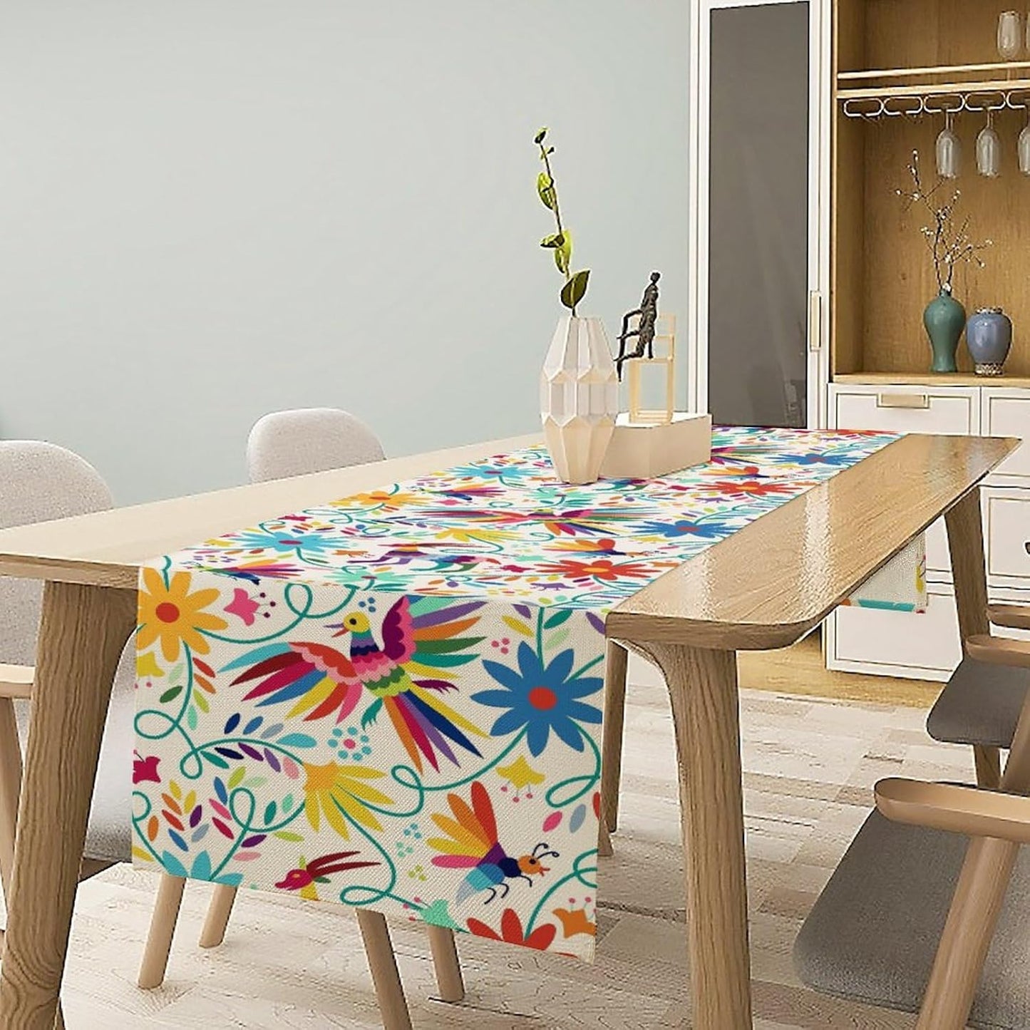 Mexican Table Runner,Boho Colorful Nature Inspired Flowers and Birds Table Cloth Kitchen Dining Table Home Party Decoration 13x120 Inch