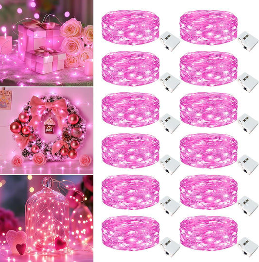 12 Pack Fairy Lights Battery Operated - 7ft 20 Led Twinkle Lights 3 Modes, Bulk Mini String Lights Waterproof for Mason Jars Vases DIY Party Wedding Decoration Christmas - Pink