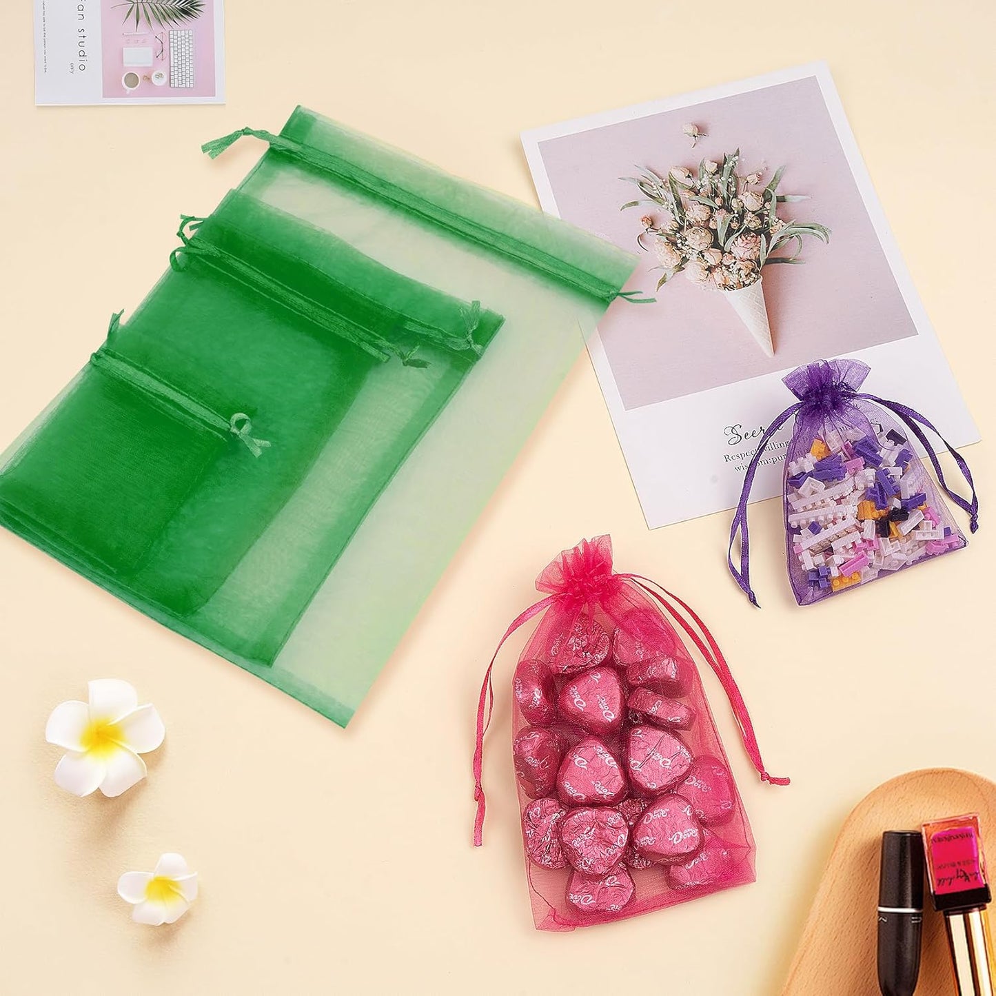50 Pcs 3x4 Inch Christmas Green Organza Bags, Mesh Bags Drawstring Small Pouch Bag for Christmas Gift Party Favor Wedding