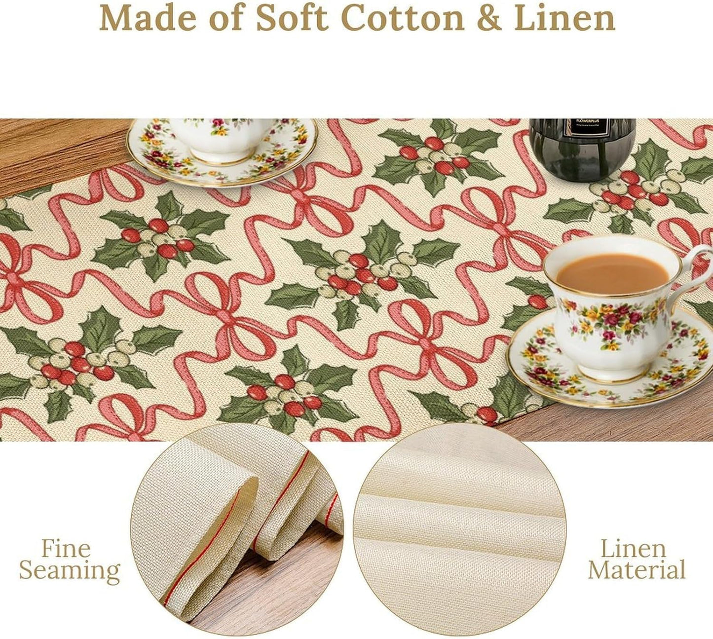 Christmas Table Runner,Xmas Holiday Bowknot Decor Table Cloth Kitchen Dining Table Decoration for Home Party Decor 13x90 Inch