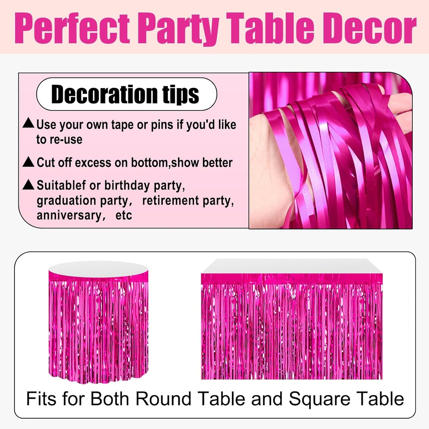 3 Pack 29x108 Inch Rose Red Foil Fringe Table Skirts Metallic Banner for Tinsel Streamer Garland Backdrop for Parade Floats Wedding Thanksgiving Birthday Christmas Halloween Party Decoration