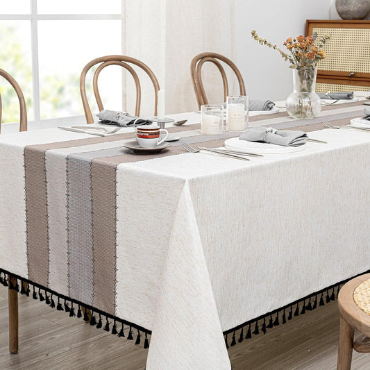 MYSKY HOME Table Cloth 60x102 in Rectangle, Heavy Duty Lines Linen Look Waterproof Tablecloths Farmhouse Tablecloth, Wrinkle Free Table Cover with Coffee Lines for Kitchen Dining, Party