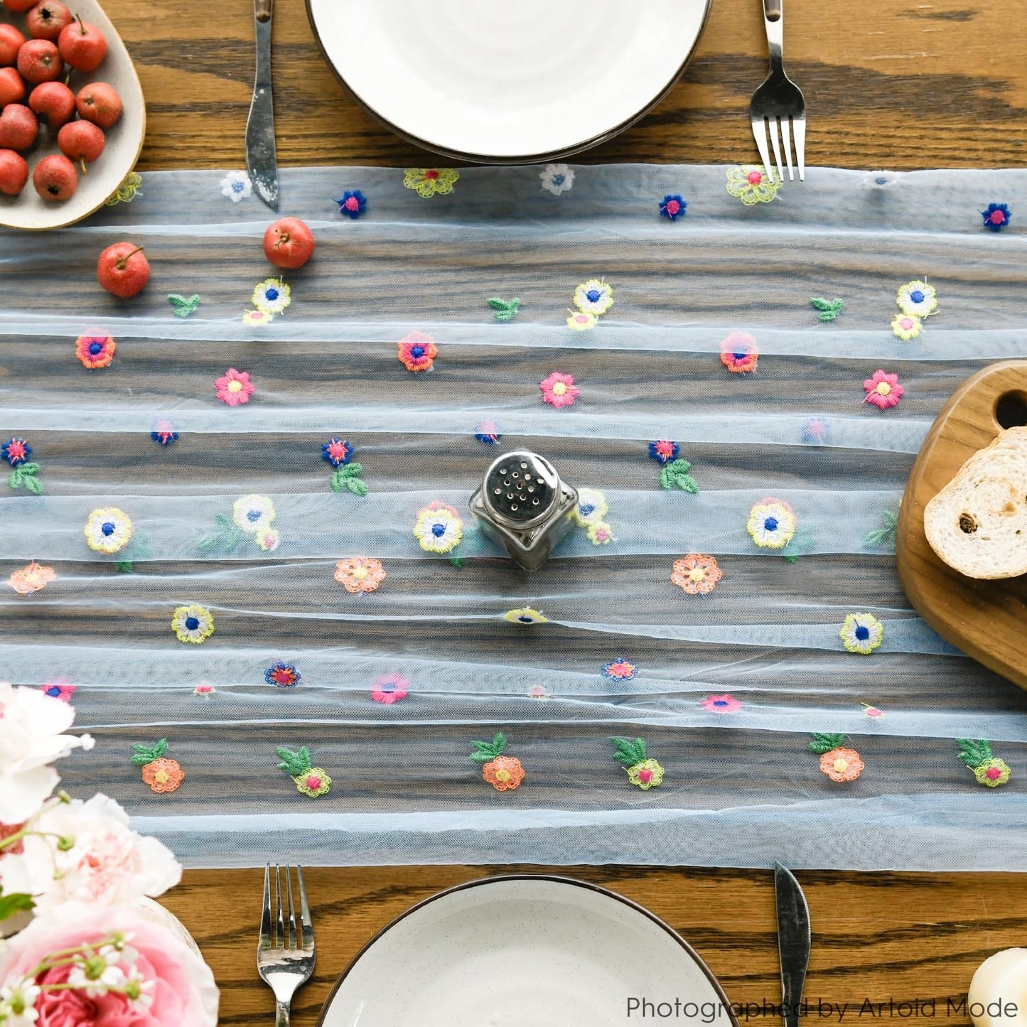 Artoid Mode Blue Embroidery Daisy Gauze Table Runner 120 Inch 10FT, Seasonal Sheer Kitchen Dining Holiday Wedding Birthday Table Decor for Home Party