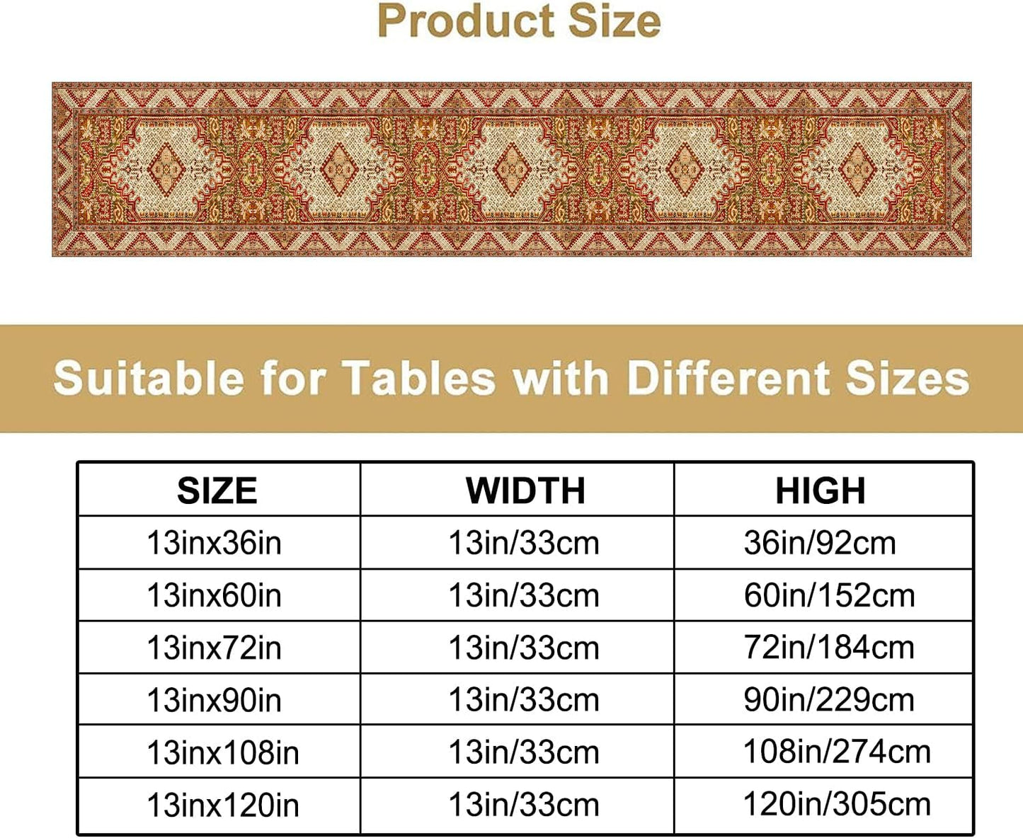 Boho Bohemia Style Orange Table Runner, Country Rustic Farmhouse Magical Abstract Print Pattern for Home Kitchen Table Decor Dining Coffee Room Garden Party Decor 13x90in