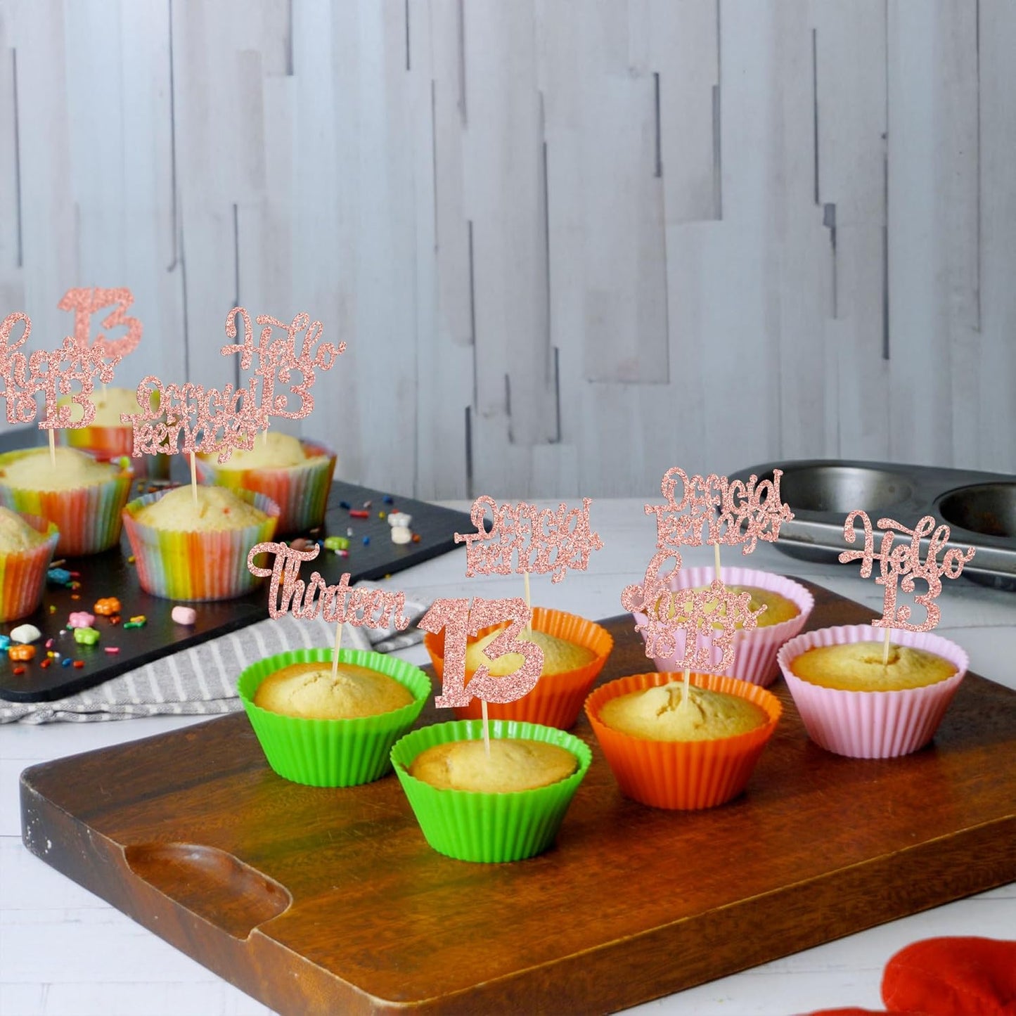 30Pcs 13th Birthday Cupcake Toppers Hello 13 Cupcake Picks Official Teenager Cheers to 13 Years Old Cake Decorations for 13th Birthday Anniversary Party Supplies Rose Gold Glitter