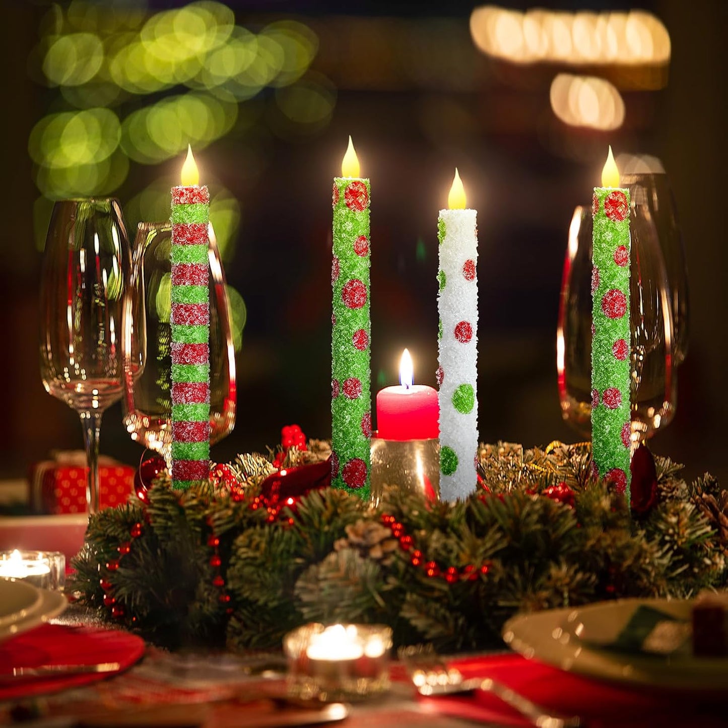 Baquler 6 Pcs Christmas Flameless Taper Candles 10.6 Inch Elf Theme Candles Battery Operated LED Christmas Candlesticks for Xmas Centerpiece Holiday Party Decor