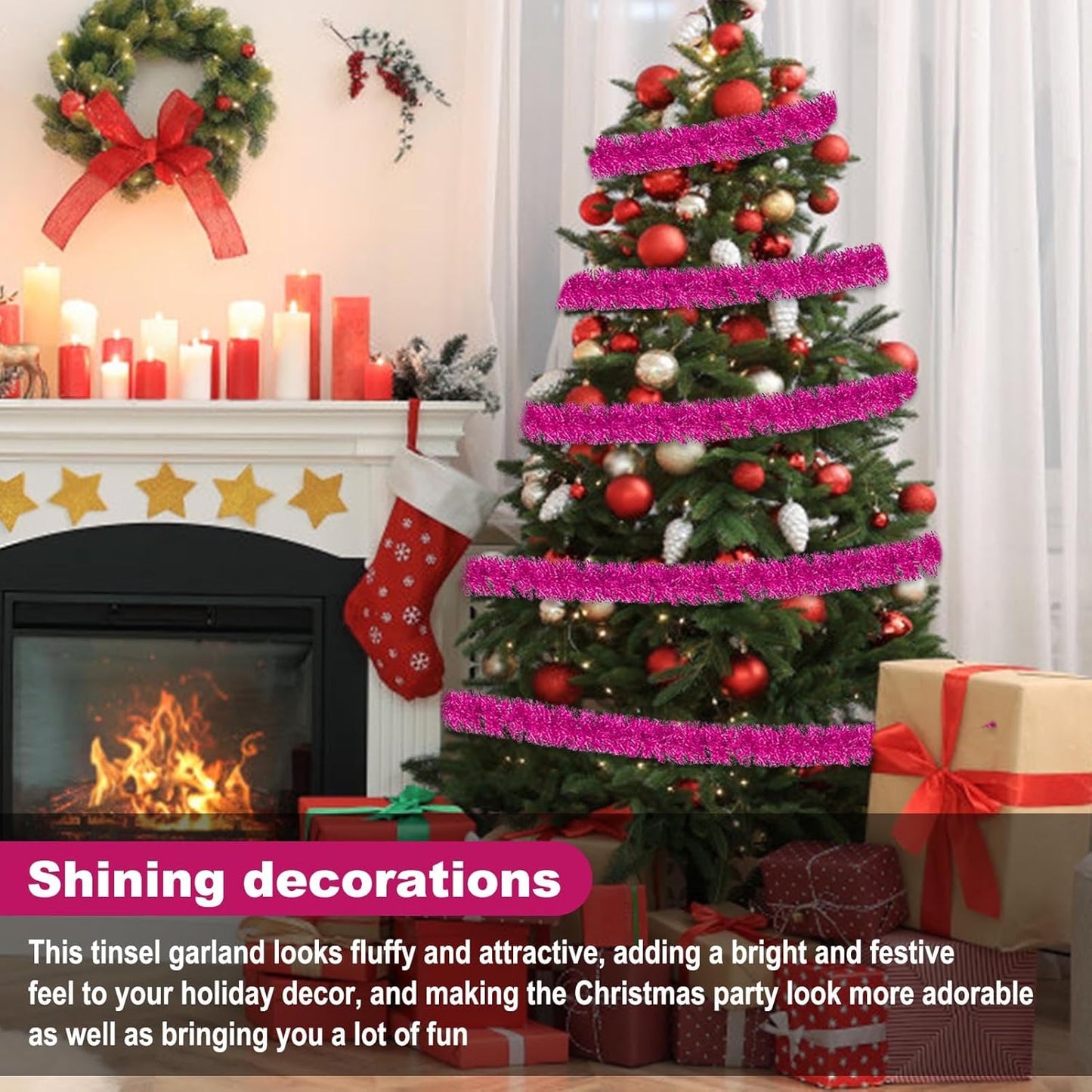 25 Feet Fuchsia Christmas Tinsel Garland, Metallic Foil Twist Garland Wall Hanging Tinsel Banner Backdrop for Parade Floats, Easter, Mother's Day, Birthday Party Decorations (4in x 25ft)