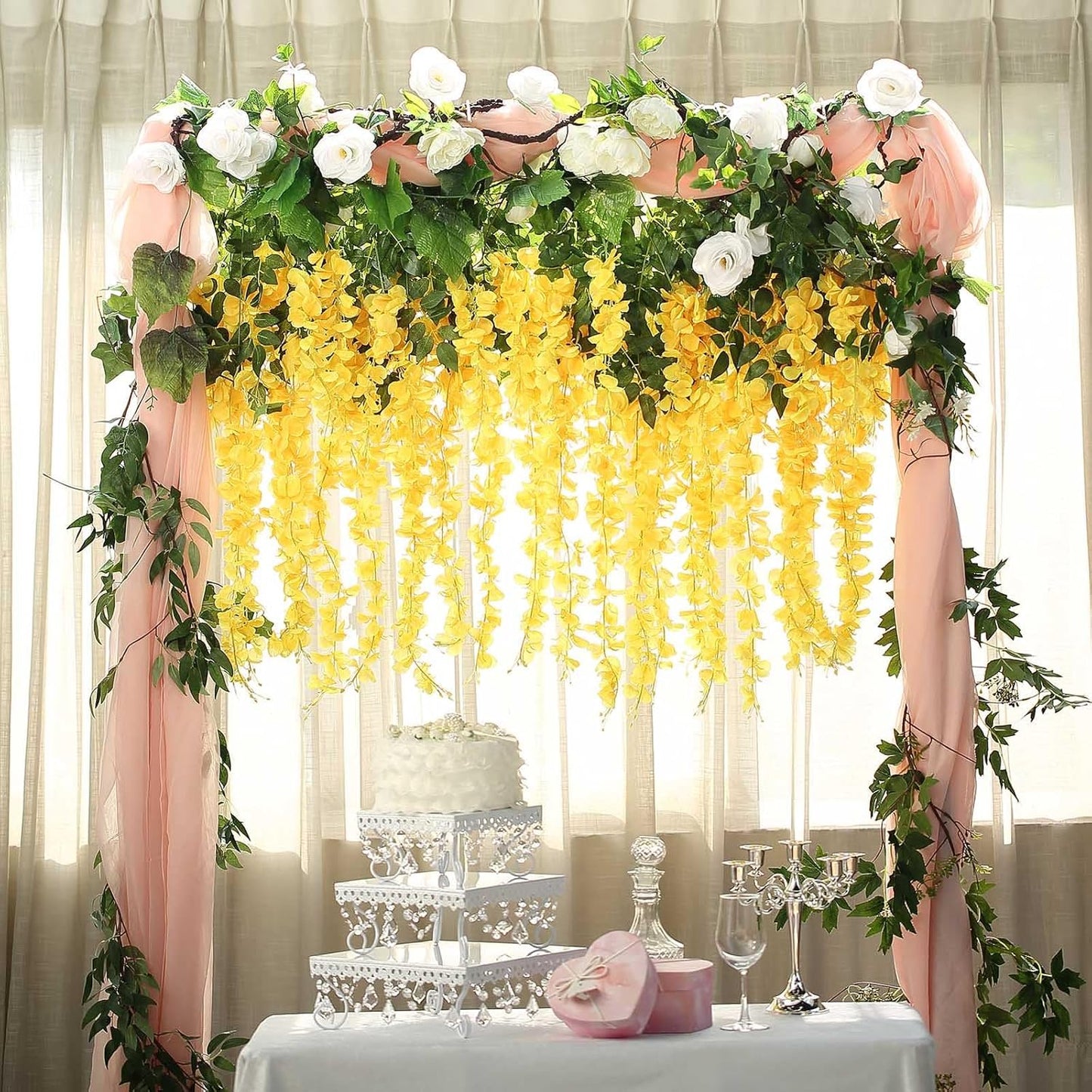 12 Pack Yellow Wisteria Hanging Flowers Garland, 3.77 Feet Artificial Flower Vines, Fake Wisteria, Artificial Vines Hanging Garland for Backdrop Outdoor Yard Garden Decor