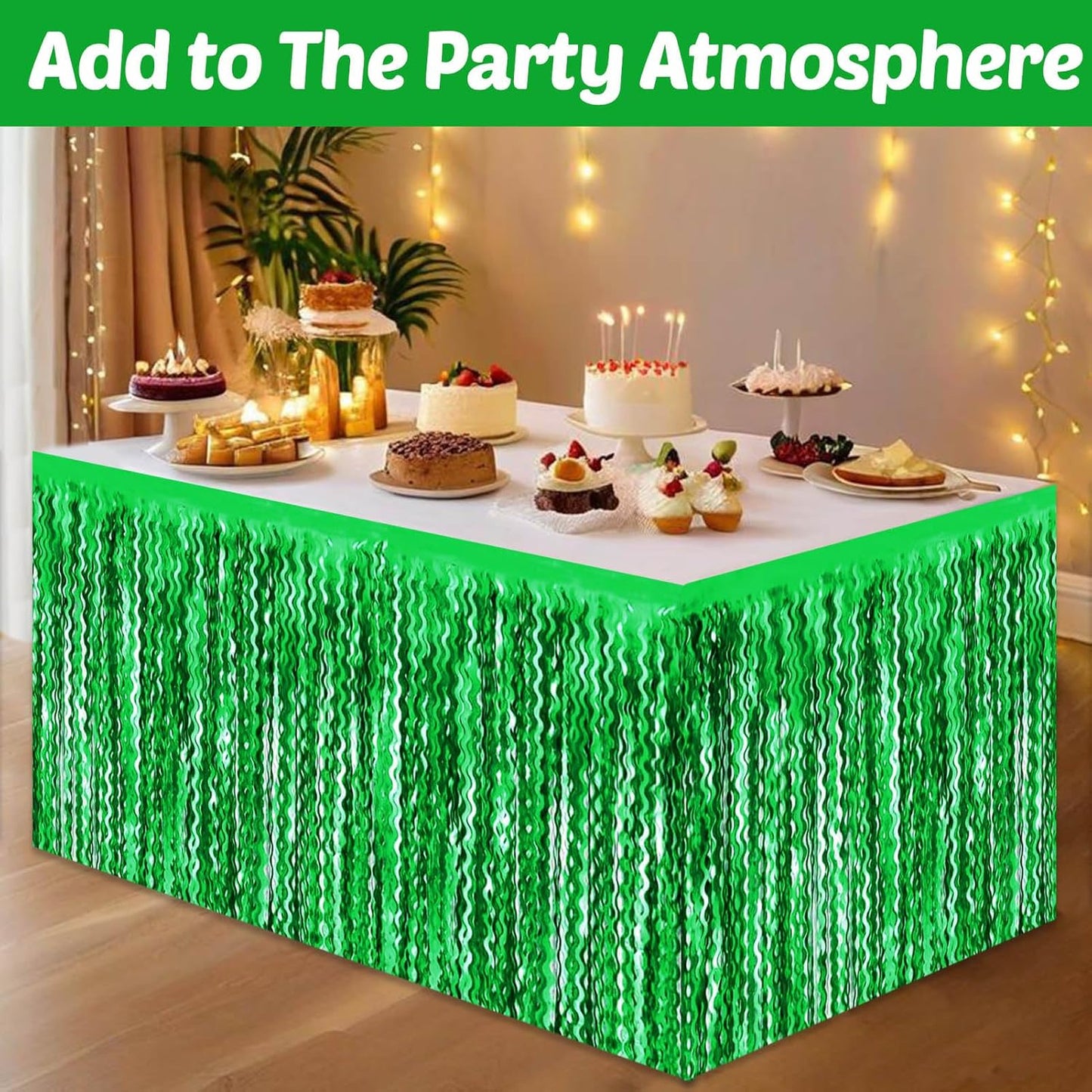6 Pack 29x108 Inch Green Wave Foil Fringe Table Skirts Metallic Banner for Tinsel Streamer Garland Backdrop for Parade Floats Wedding, Mother's Day, Birthday Mardi Gras Party Decorations