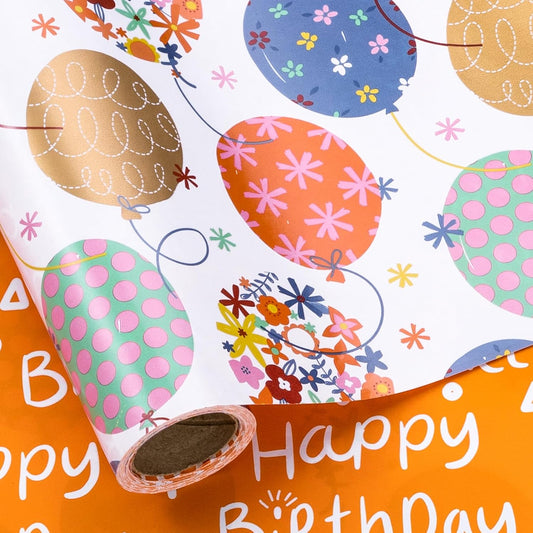 LeZakaa Reversible Birthday Wrapping Paper Roll for Girls Women, Happy Birthday Lettering, Orange Flower Balloon Design, Mini Roll, 17 inches x 32.8 Feet (46.45 sq.ft.)