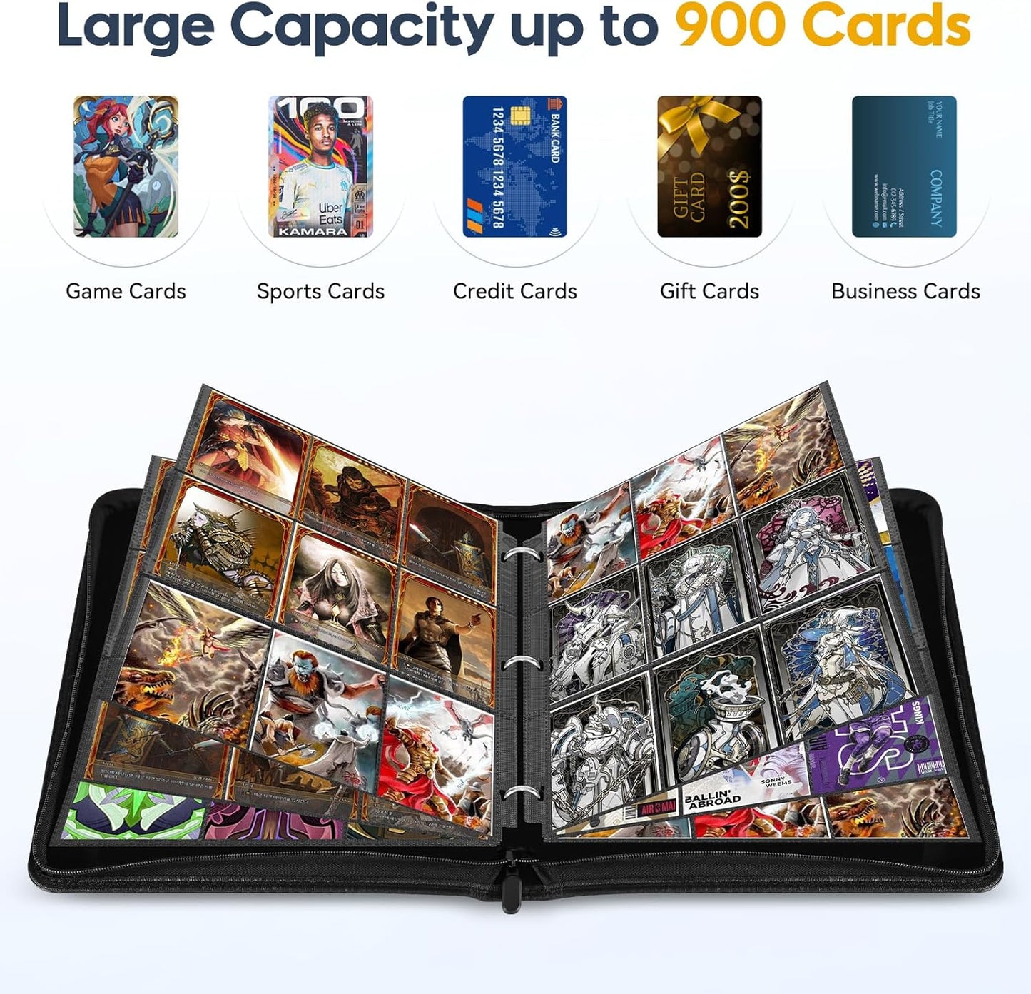 9 Pocket Card Binder, 900 Double Sided Pockets, PU Collection Binder for MTG, TCG, Sports Cards, Black (Carbon Black)