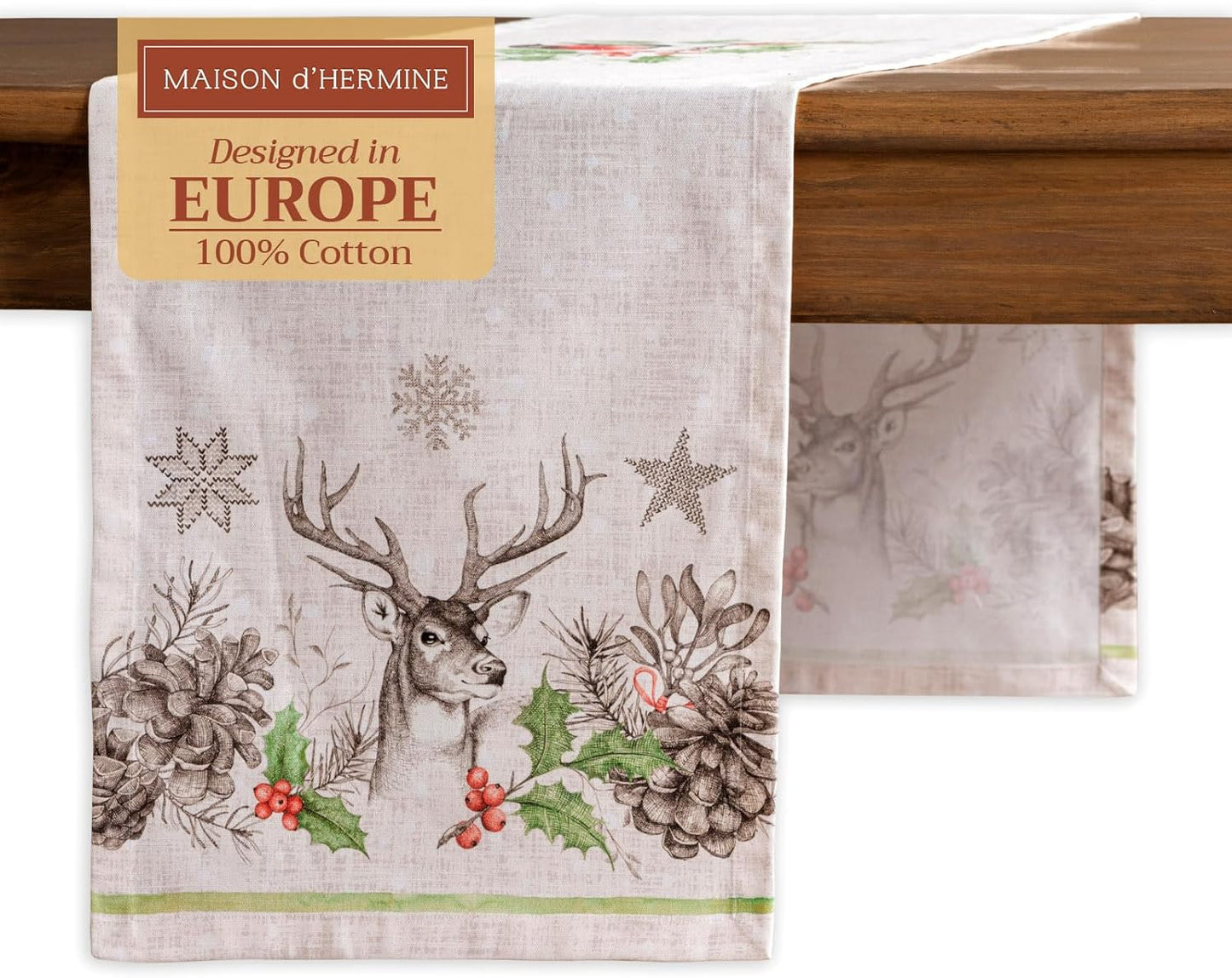 Maison d' Hermine Table Runner 100% Cotton Single Layer Table Runners 108 inches Long for Thanksgiving Christmas Decorations Home Kitchen Dining Party Wedding (Christmas Dew, 14.5" x 108")